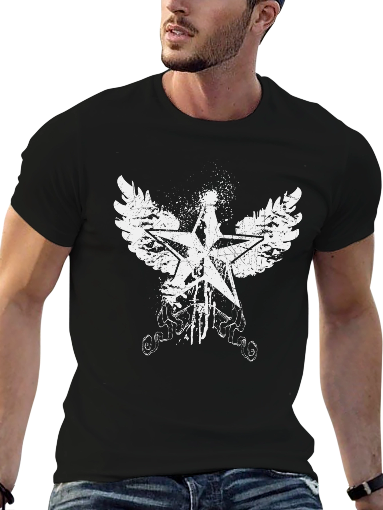 Black Grunge Star with Wings Graphic T-Shirt view 6