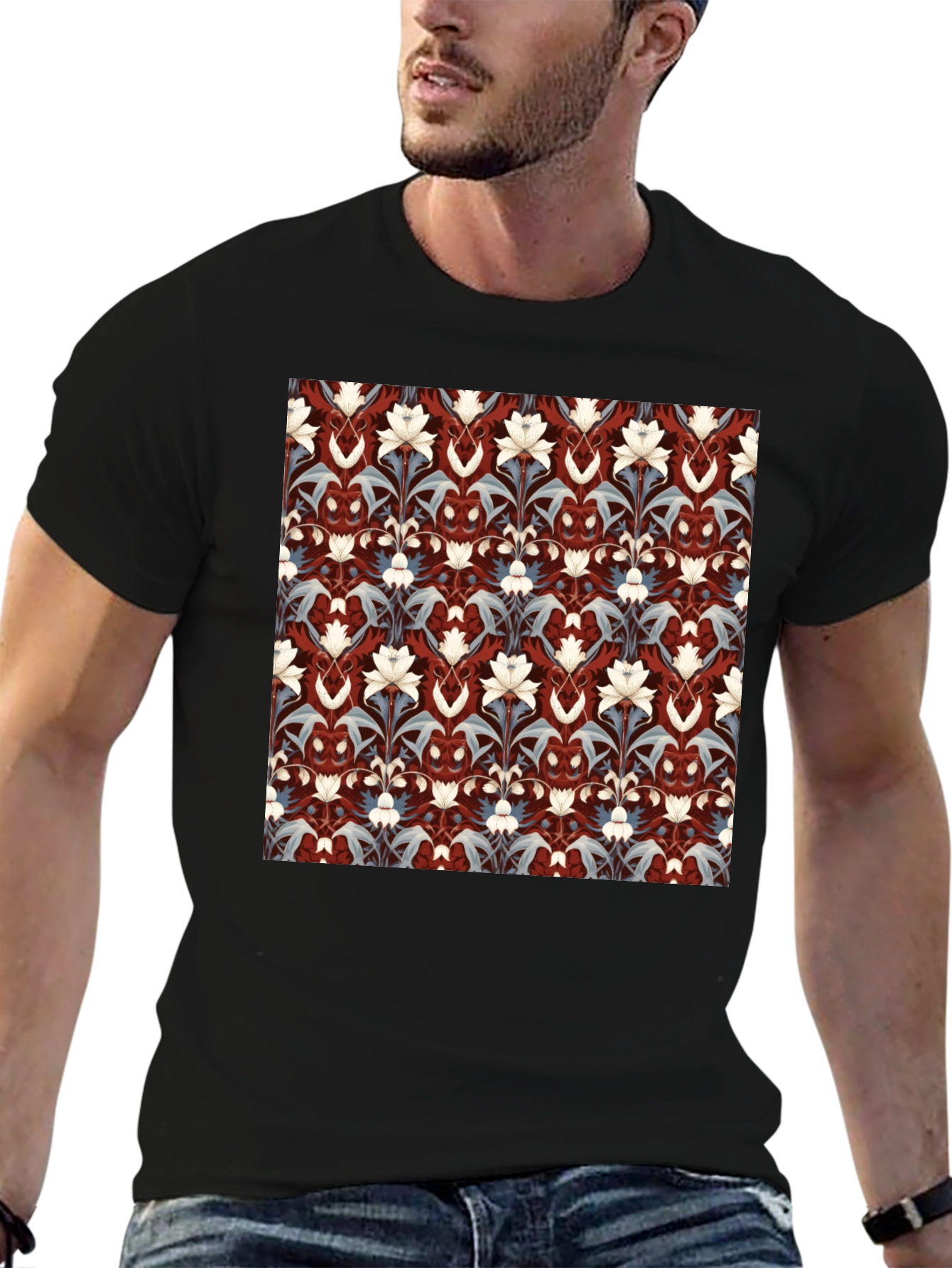 Black Floral Patterned Black T-Shirt view 6