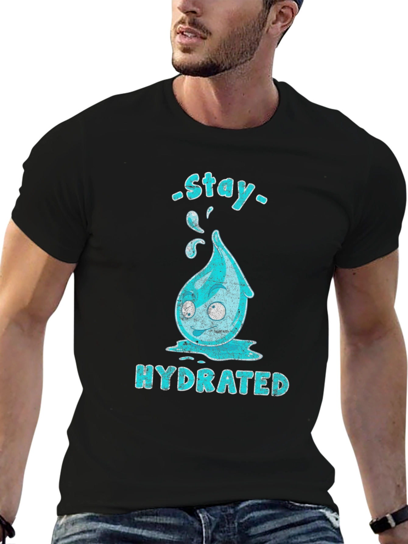 Black Stay Hydrated Cartoon Waterdrop Graphic T-Shirt view 6