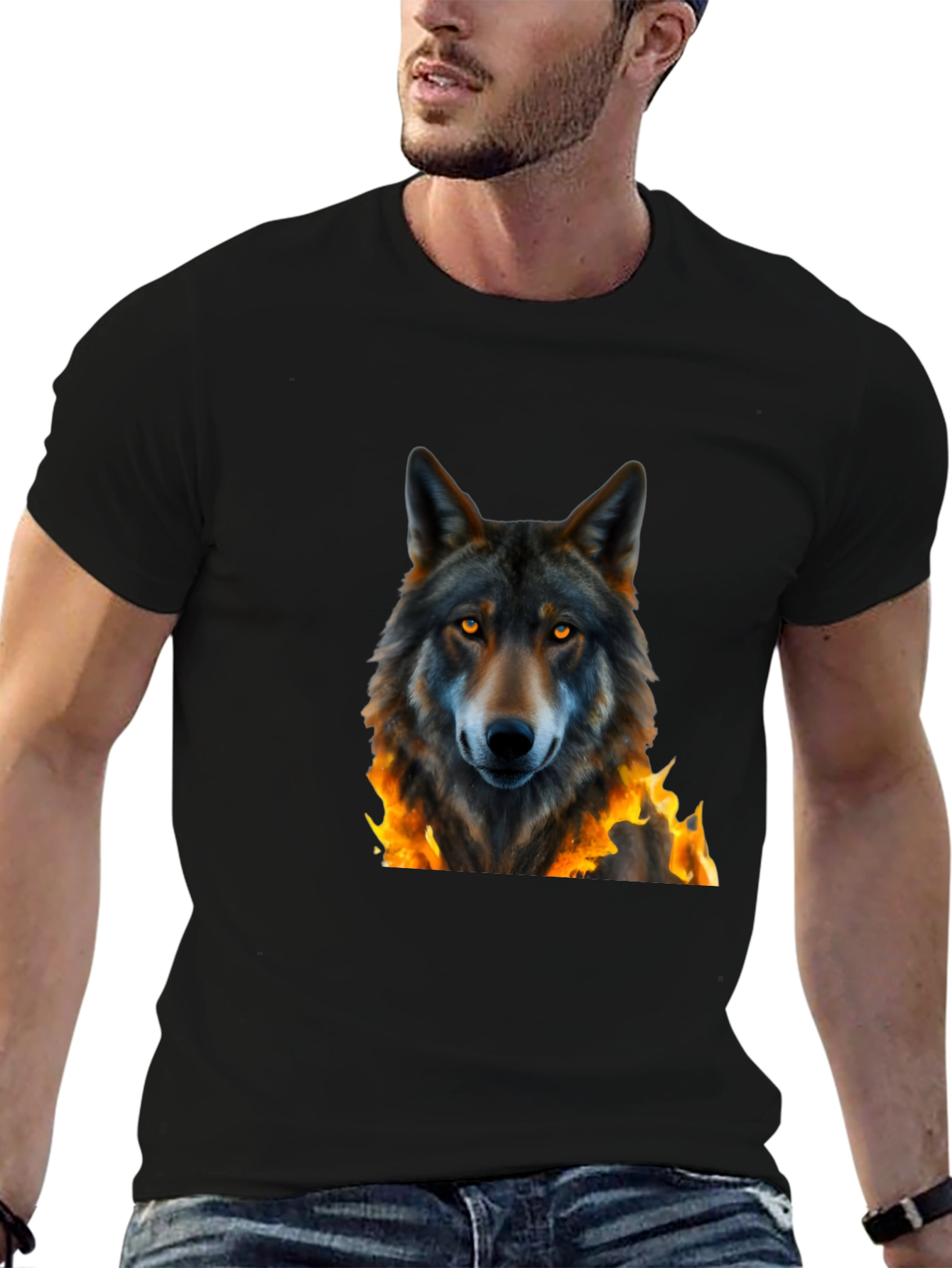 Black Fiery Wolf Graphic Tee - Black Cotton T-Shirt view 6