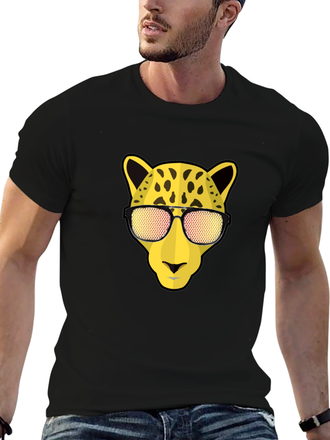 Black Cool Cat Tee: Leopard with Shades Graphic T-Shirt view 6