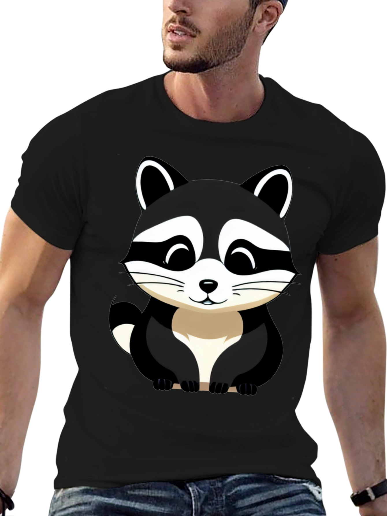 Black Cute Raccoon Graphic Tee - Black Cotton Blend view 6