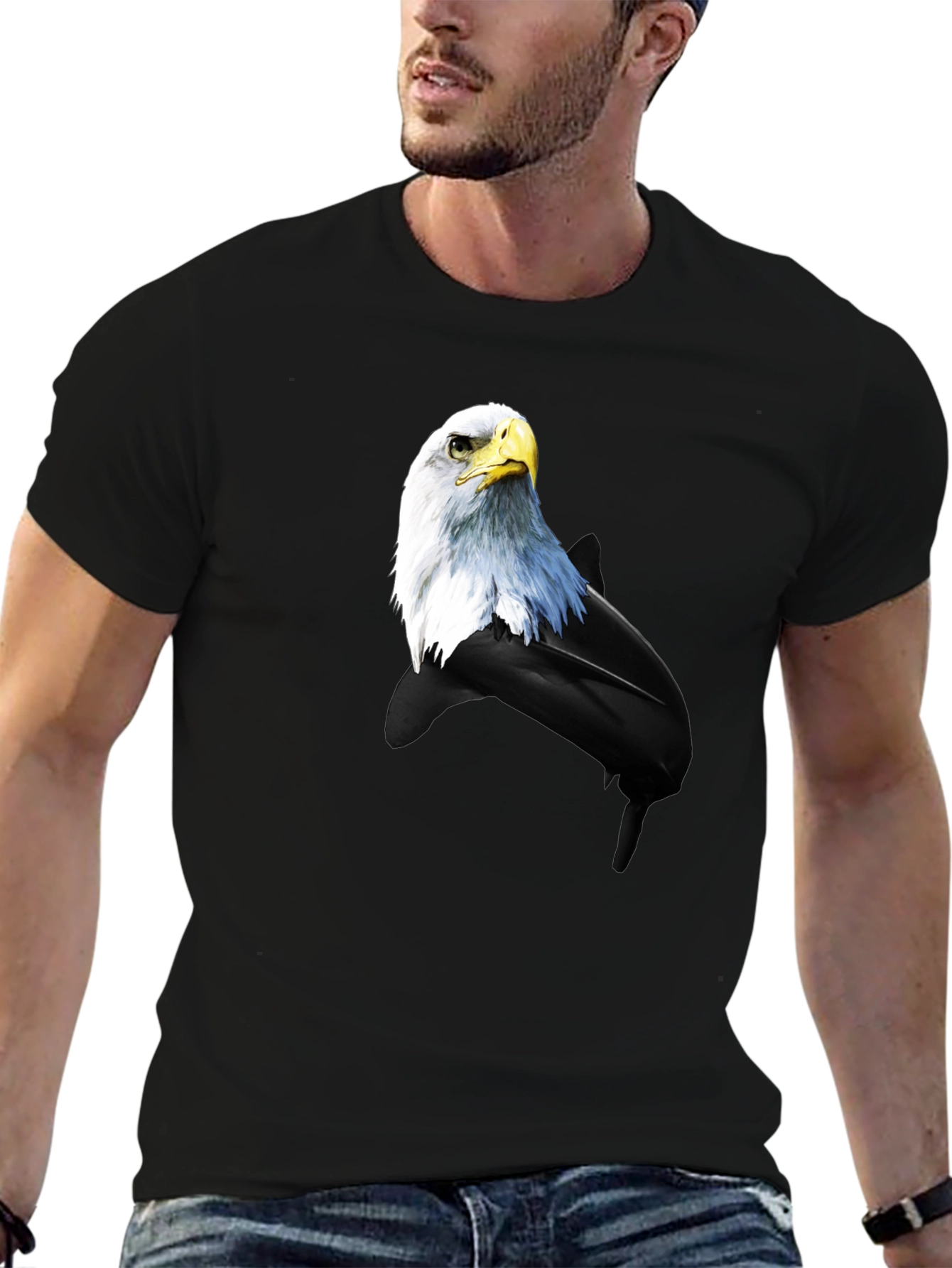 Black Eagle and Dolphin Graphic Tee - Black Cotton Blend view 6