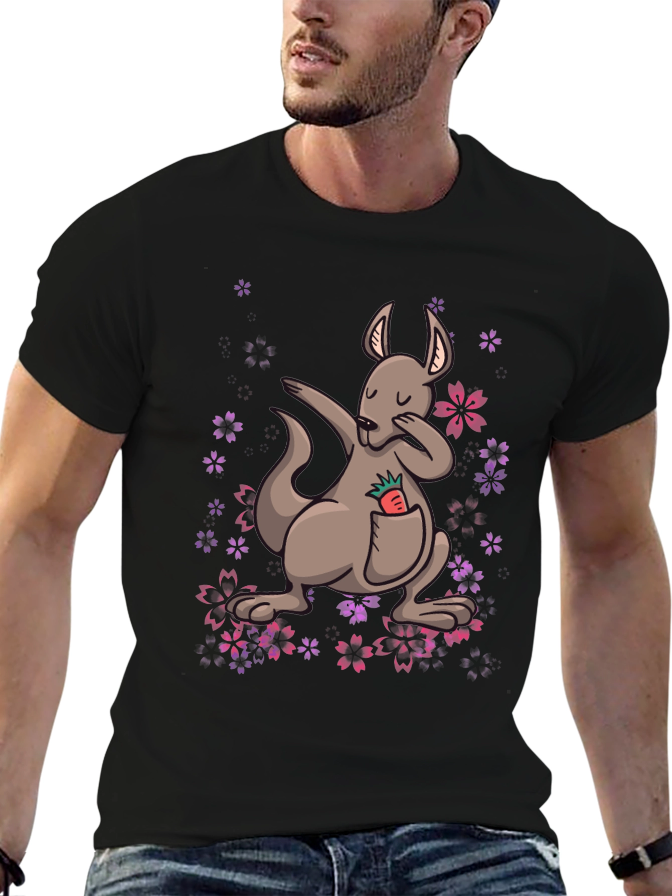 Black Dabbing Kangaroo Floral T-Shirt - Unique Graphic Tee view 6