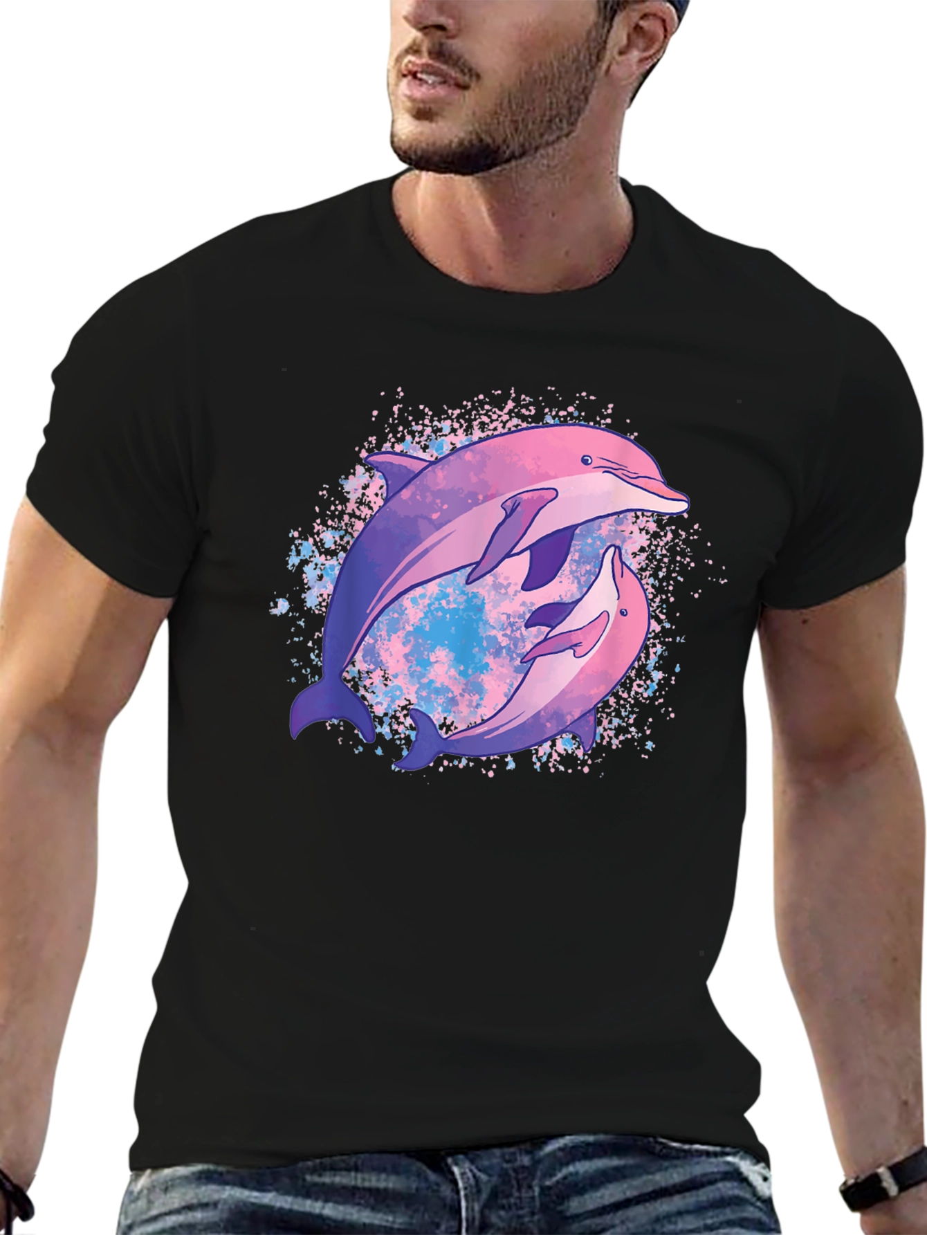 Black Dolphin Duo Black T-Shirt - Galaxy Design view 6