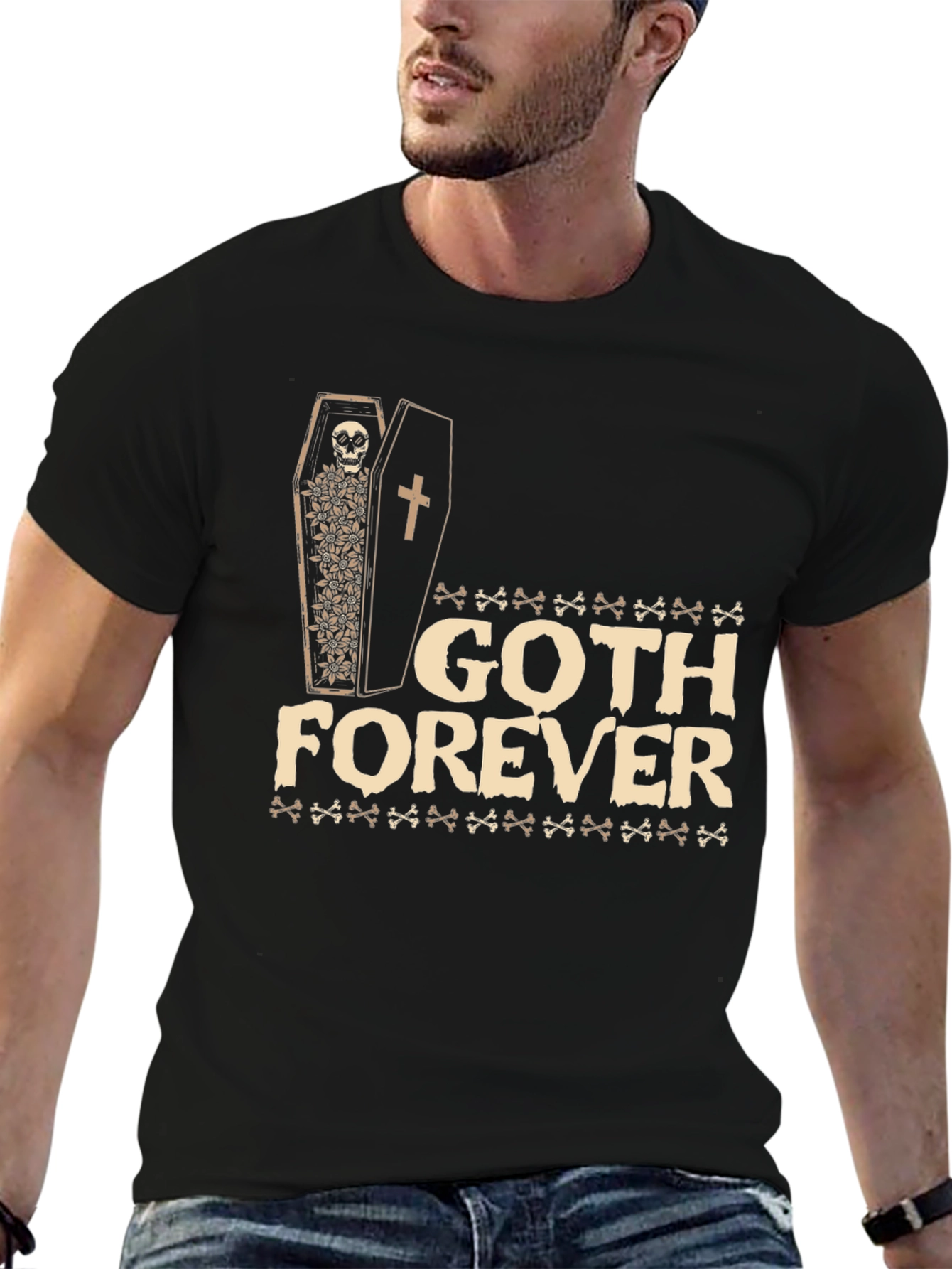 Black Goth Forever T-Shirt - Skull Coffin Design view 6