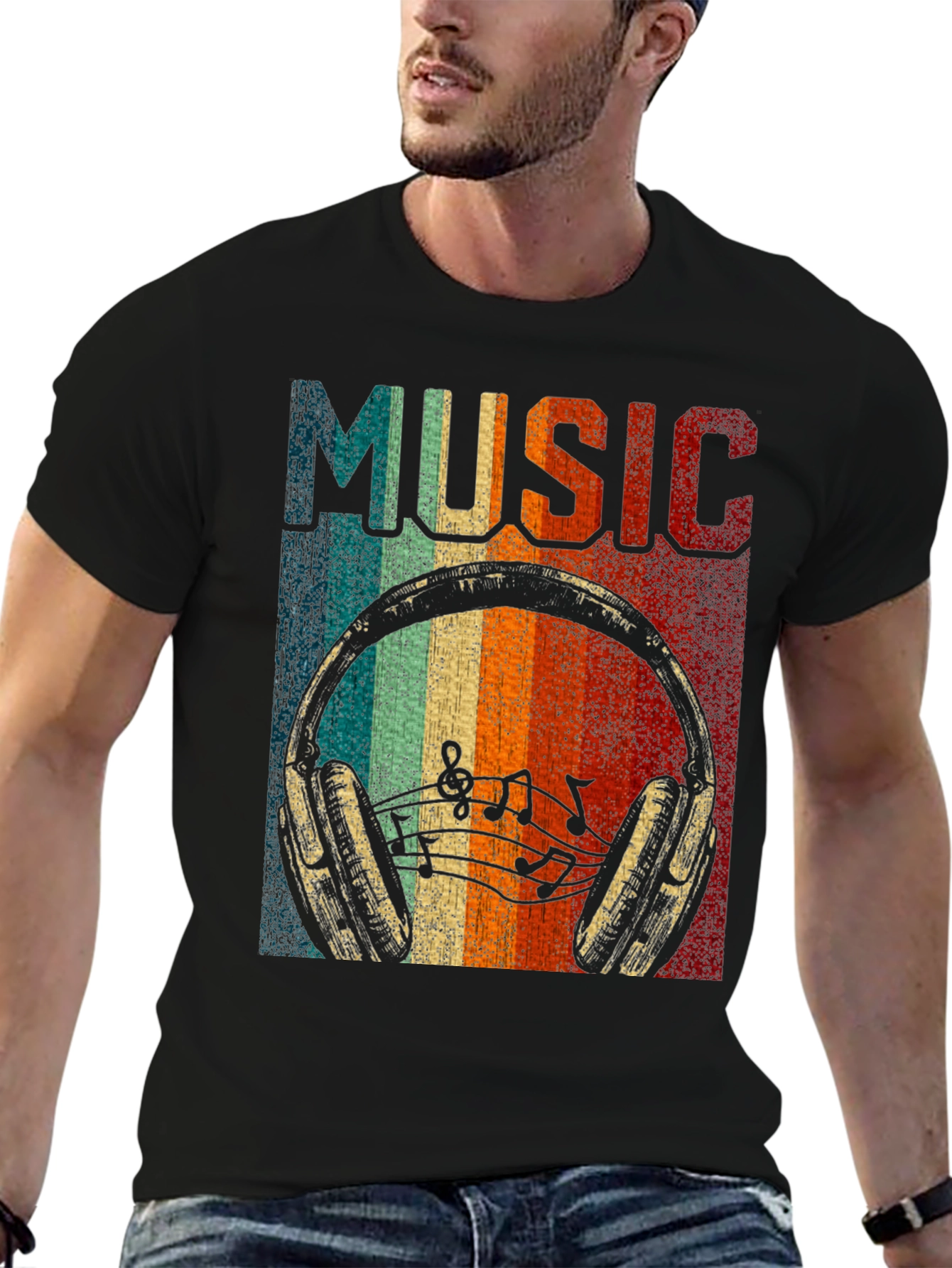 Black Retro Music Headphone T-Shirt view 6
