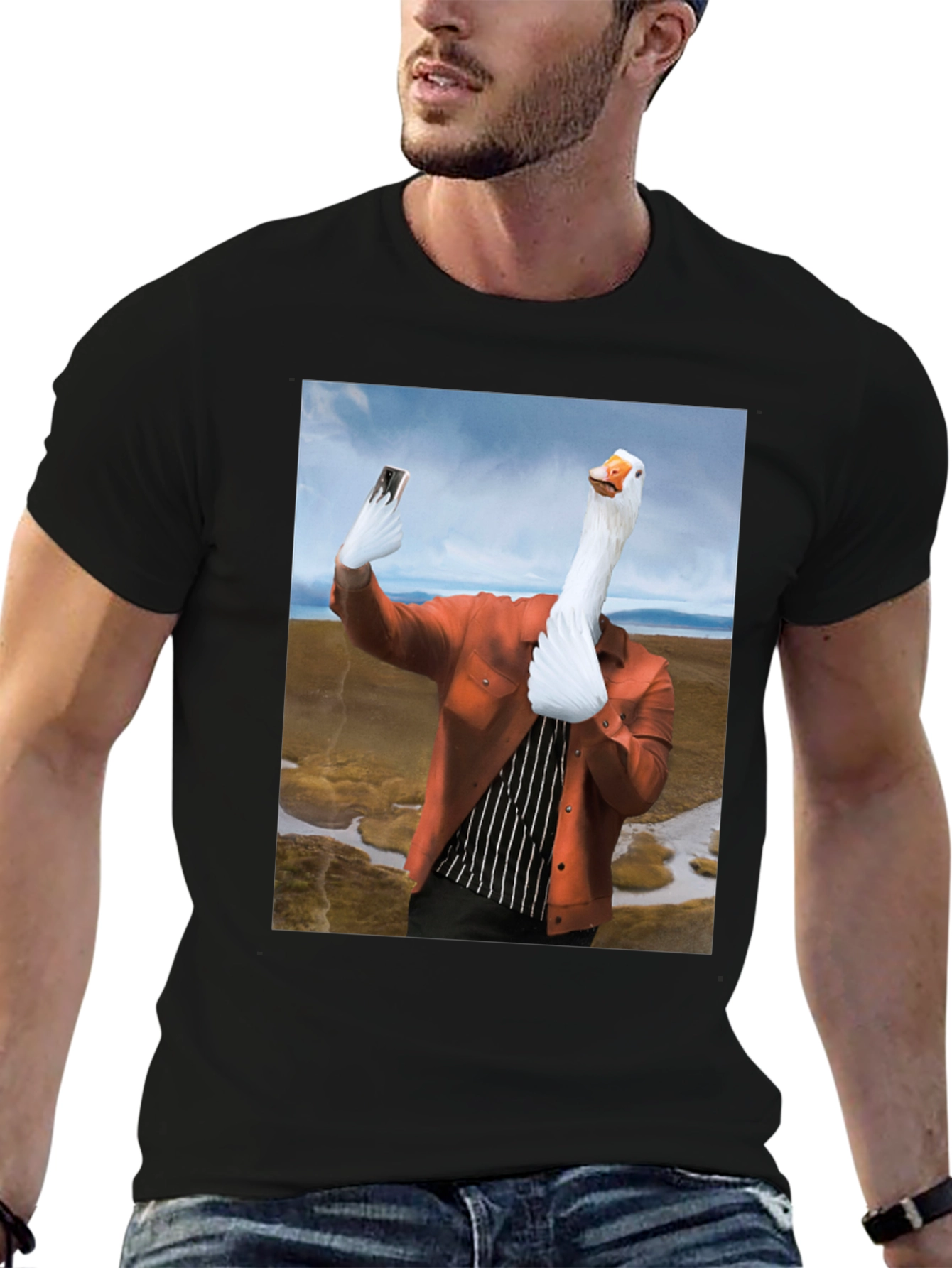 Black Funny Goose Selfie T-Shirt view 6