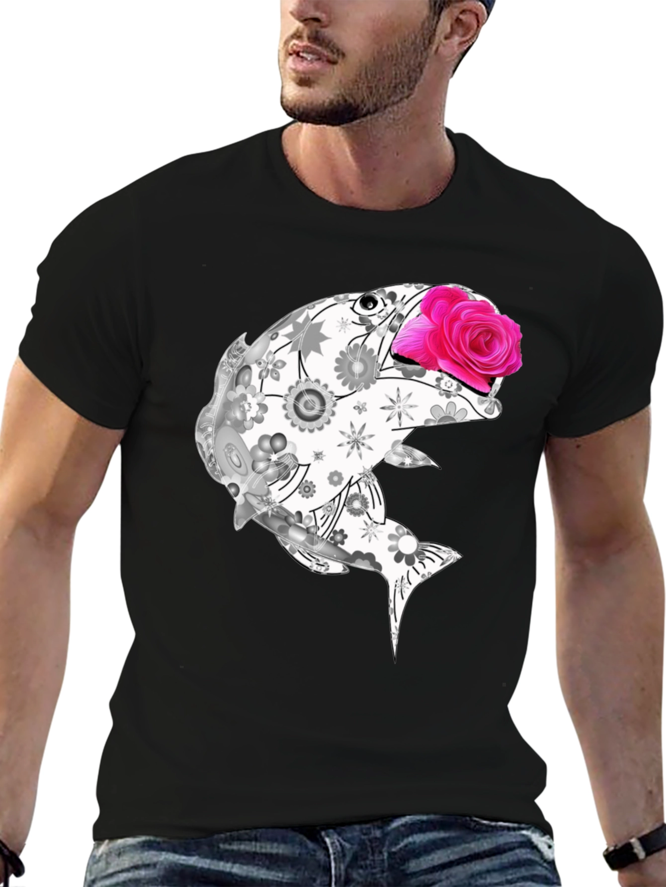 Black Floral Fish Graphic Tee - Stylish Casual Wear view 6