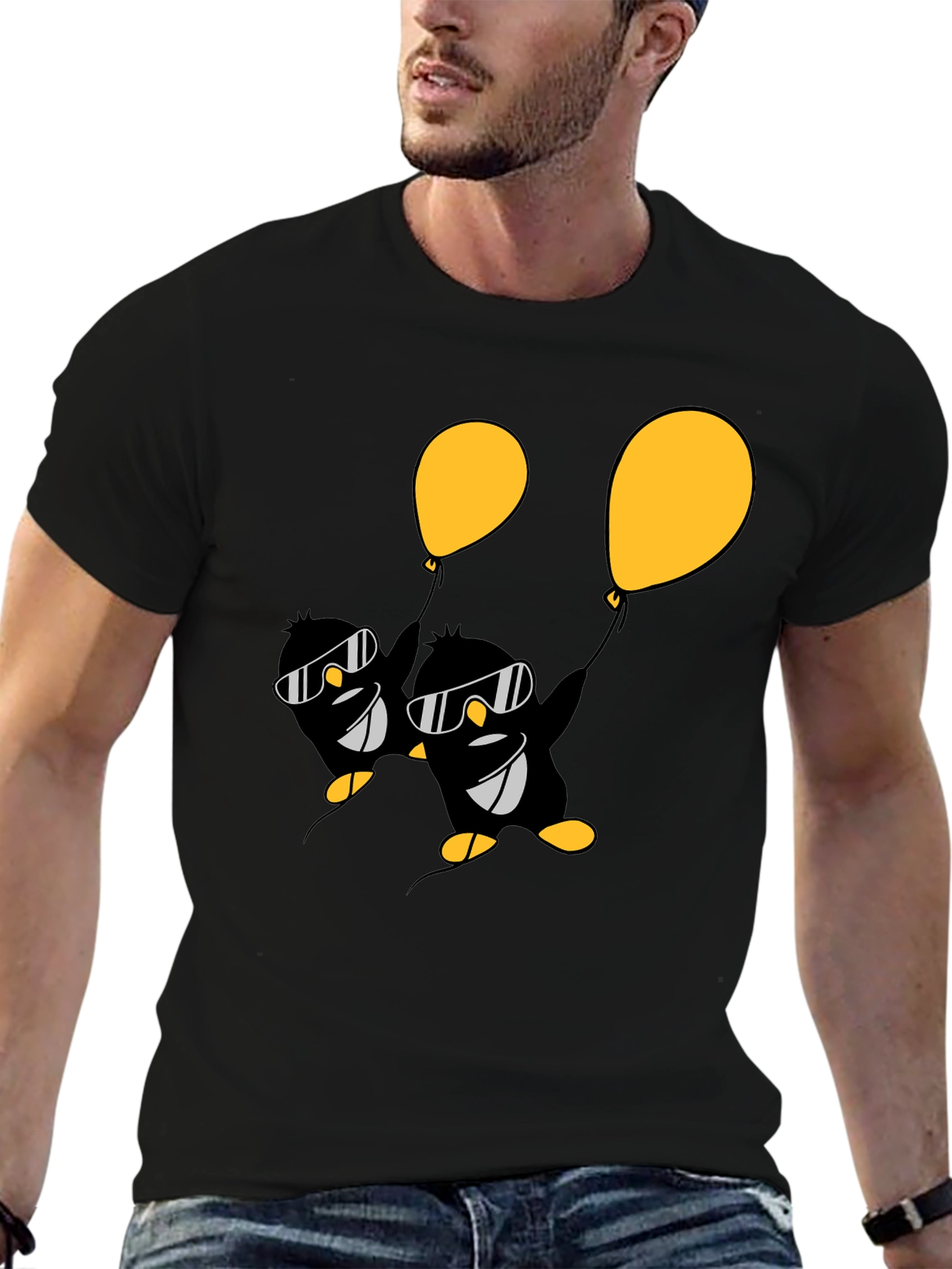 Black Cool Penguin Balloon Graphic Tee - Black view 6