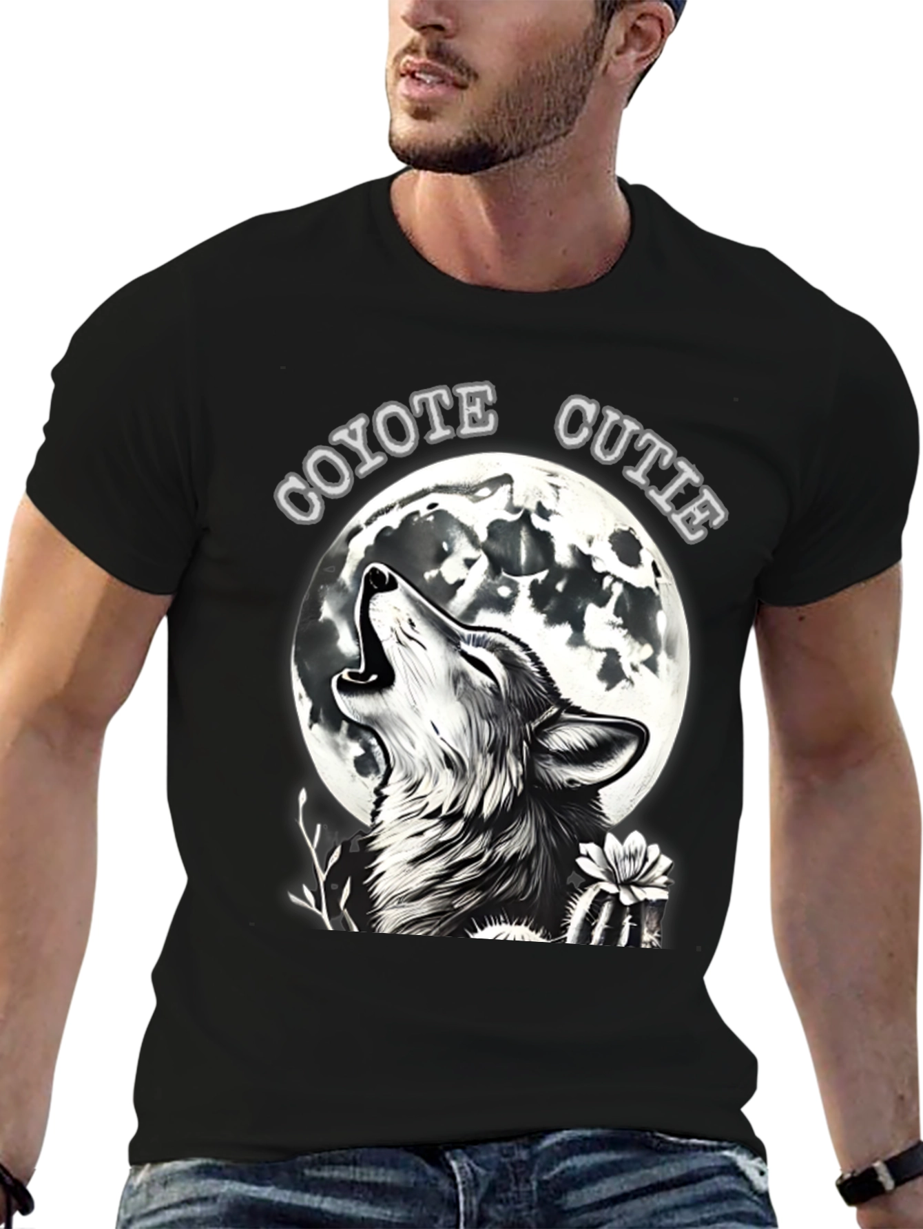 Black Coyote Cutie T-Shirt - Wolf Howling at Moon view 6
