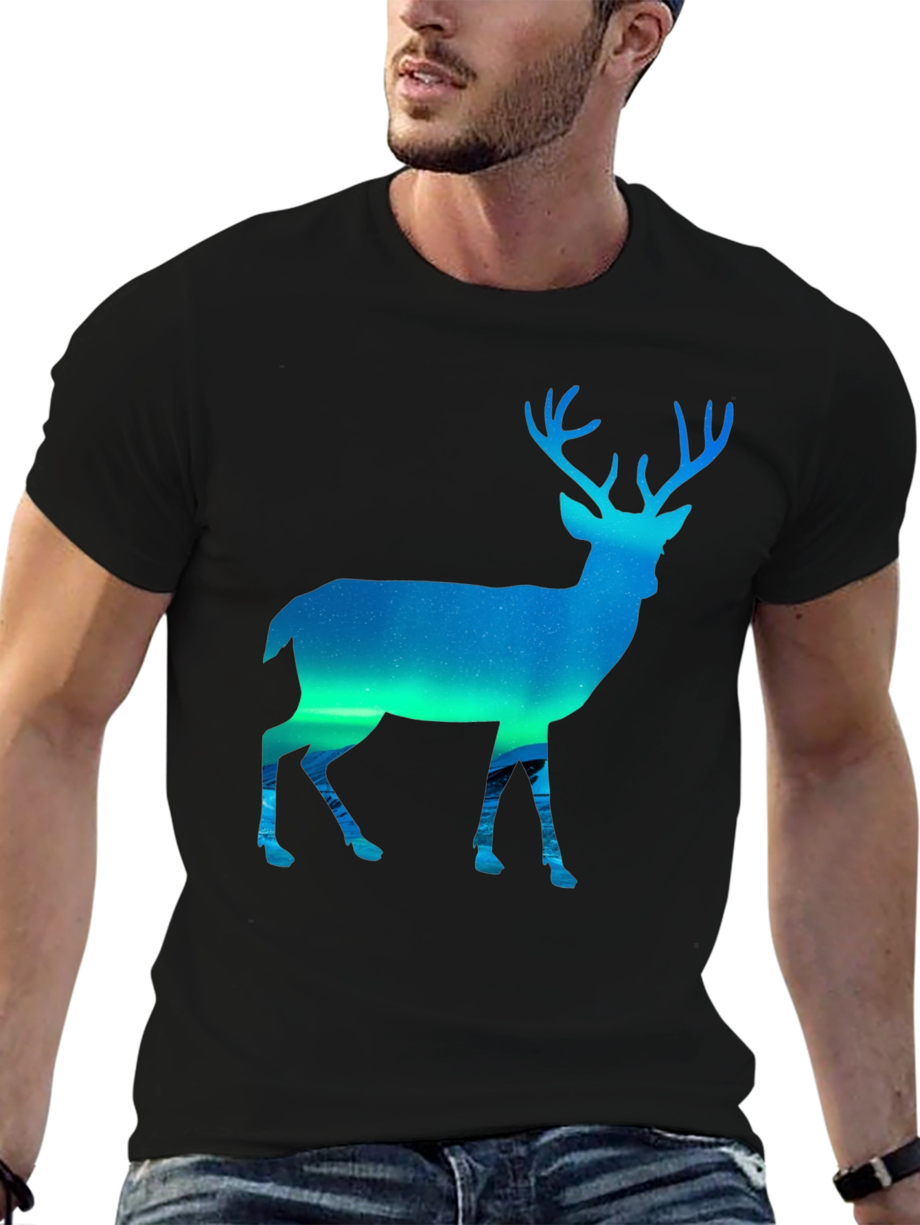 Black Northern Lights Deer Graphic Tee - Black view 6