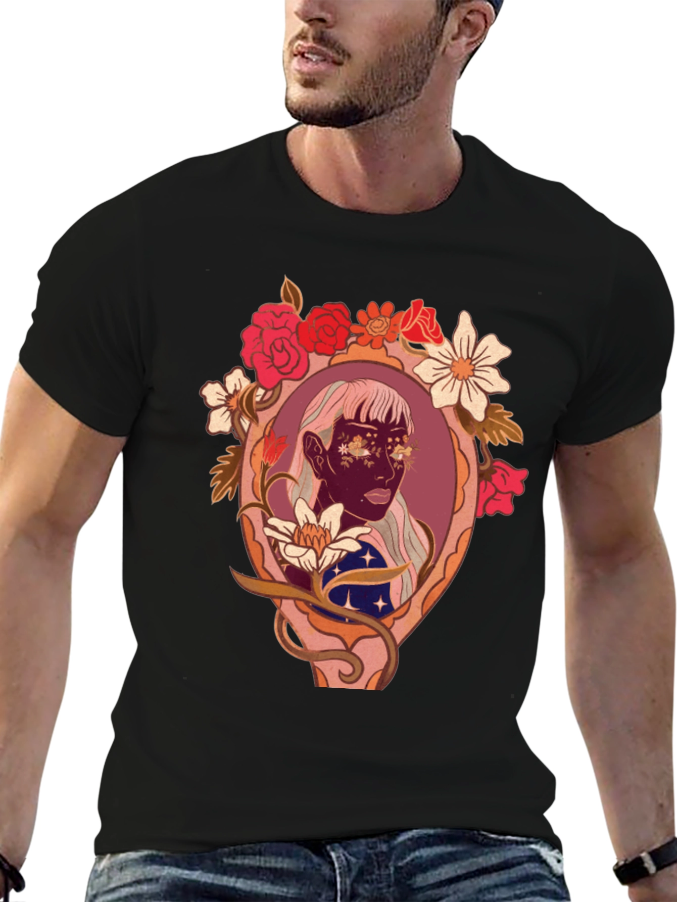 Black Floral Framed Face Graphic Tee view 6
