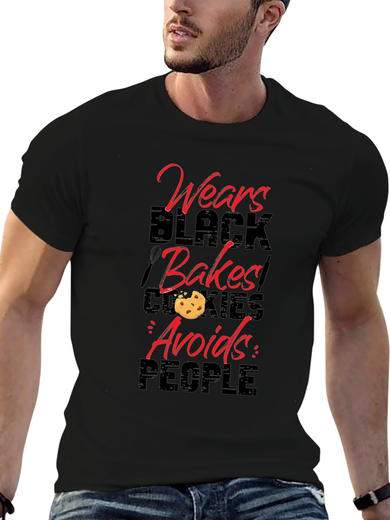 Black Wears Black, Bakes Cookies, Avoids People - Novelty T-Shirt view 6