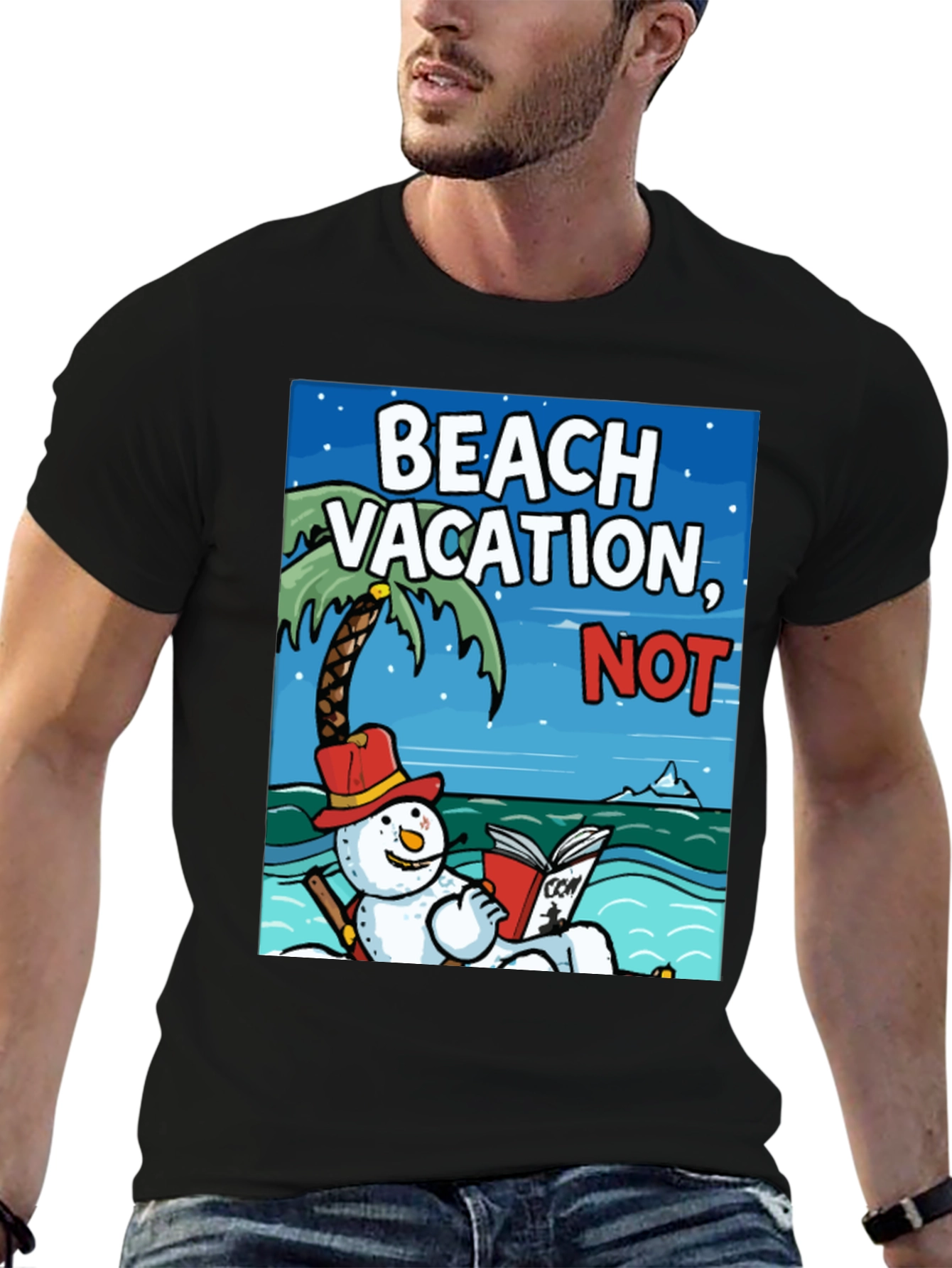 Black Beach Vacation NOT! Funny Snowman Holiday T-Shirt view 6