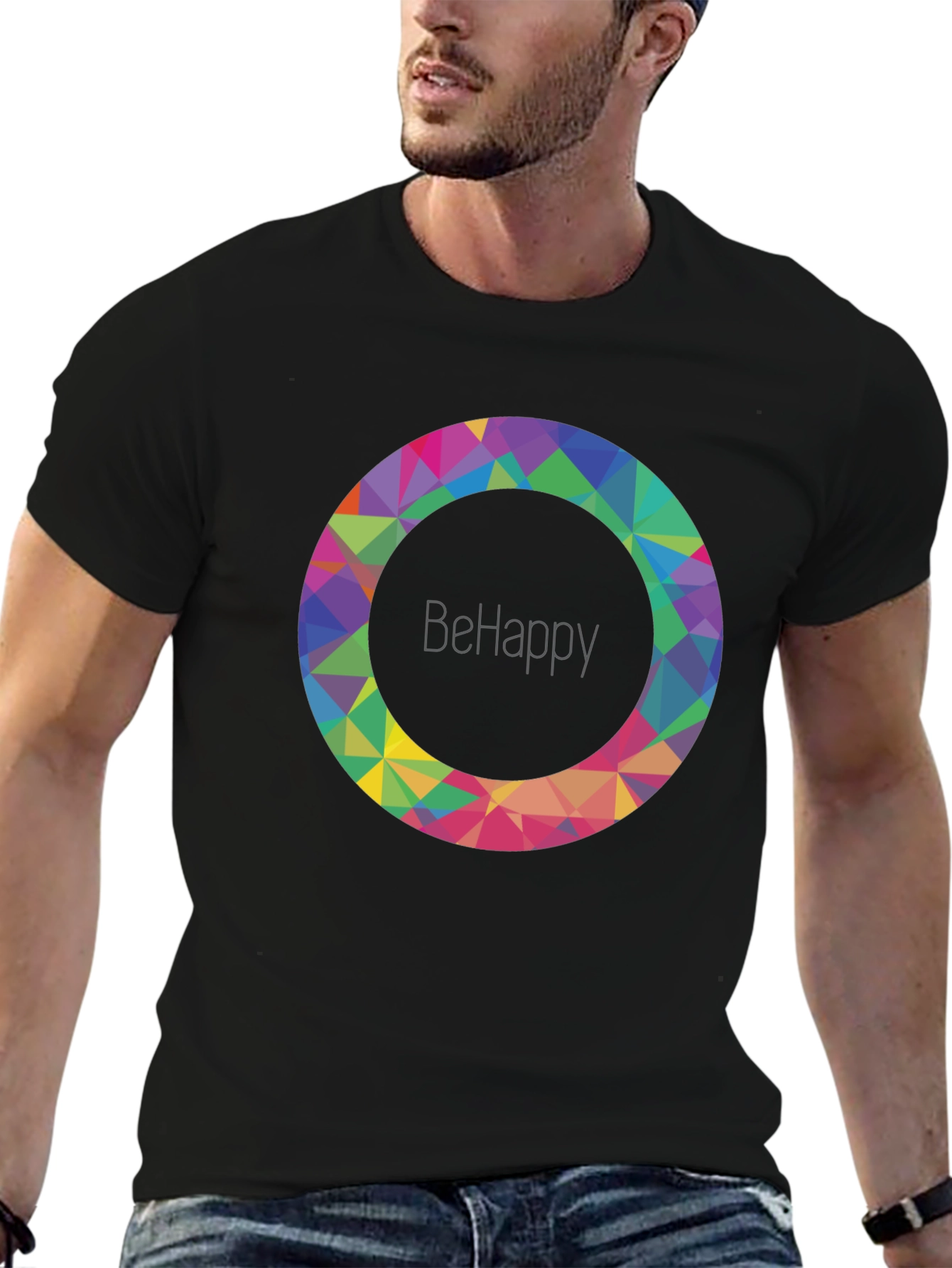 Black BeHappy Geometric Circle Graphic Black T-Shirt view 6