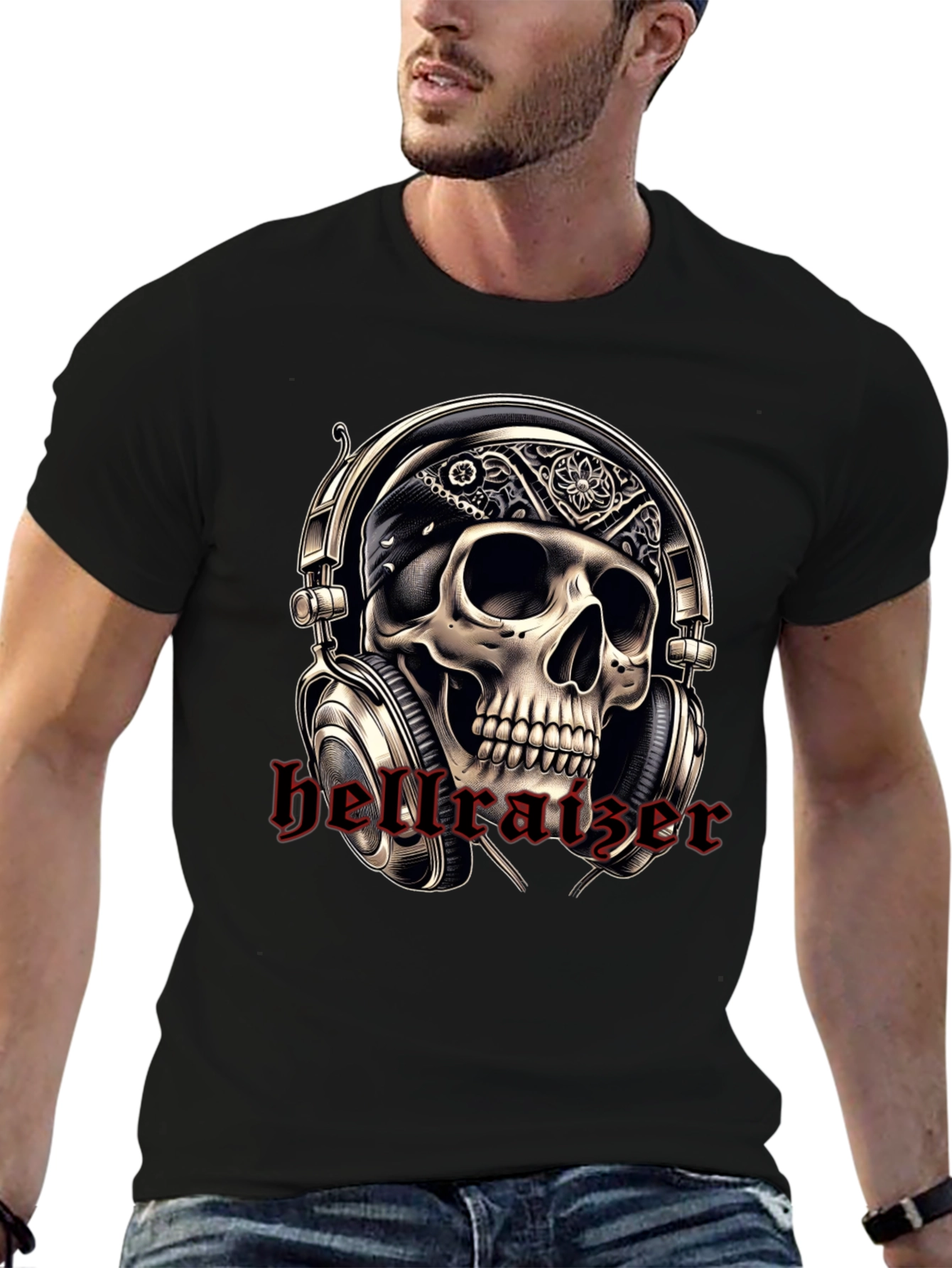 Black Skull Headphone T-Shirt - Rocker Tee view 6