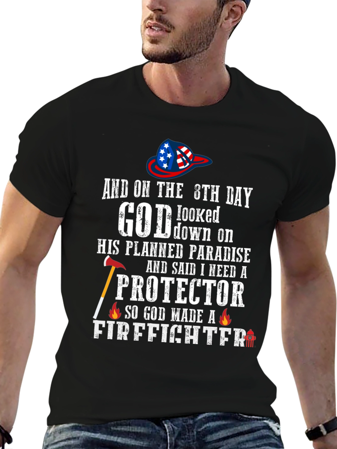 Black Firefighter T-Shirt - God Made a Firefighter Tee view 6