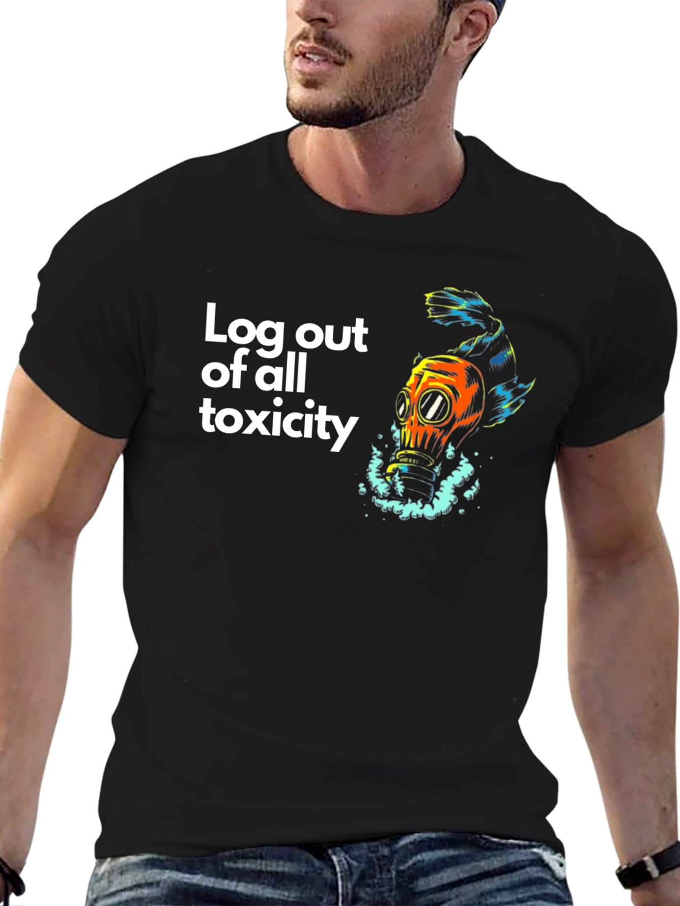 Black Toxic Escape T-Shirt - Gas Mask Fish Design view 6