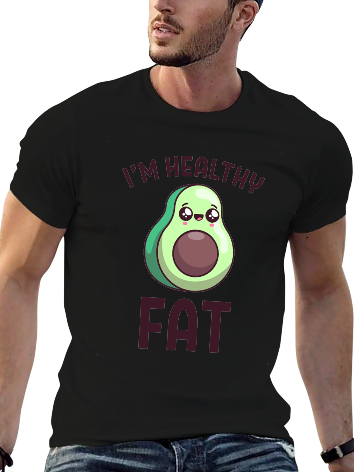 Black I'm Healthy Fat T-Shirt Avocado Cartoon Design view 6