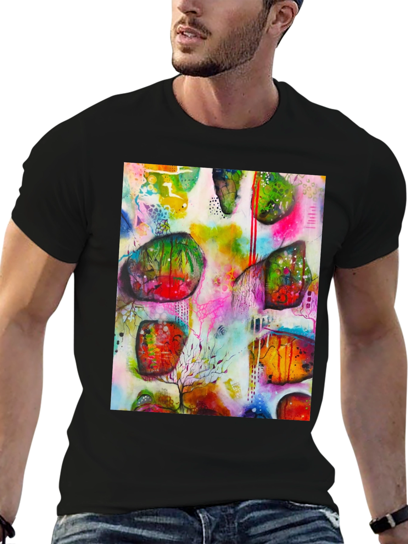 Black Abstract Art Print Men's Black T-Shirt view 6