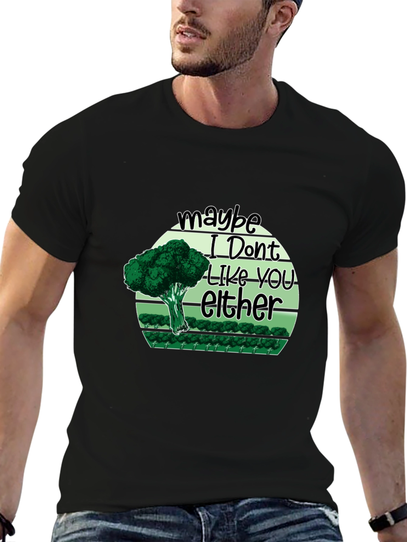 Black Funny Broccoli 'Maybe I Don't Like You Either' T-Shirt view 6
