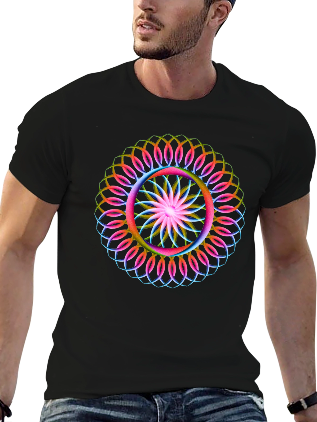 Black Psychedelic Mandala Graphic Black T-Shirt view 6