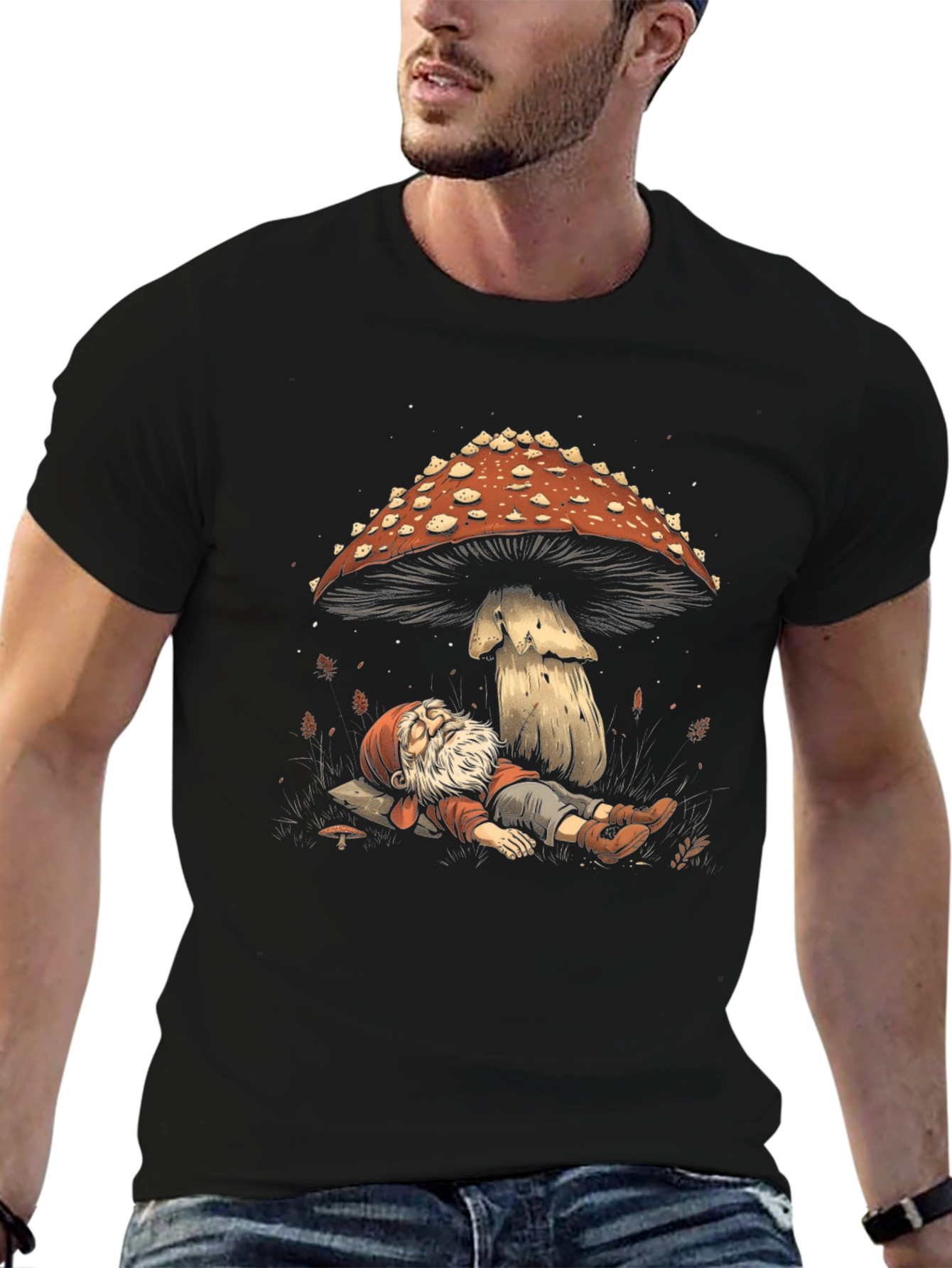 Black Whimsical Gnome Resting Under Mushroom Tee view 6