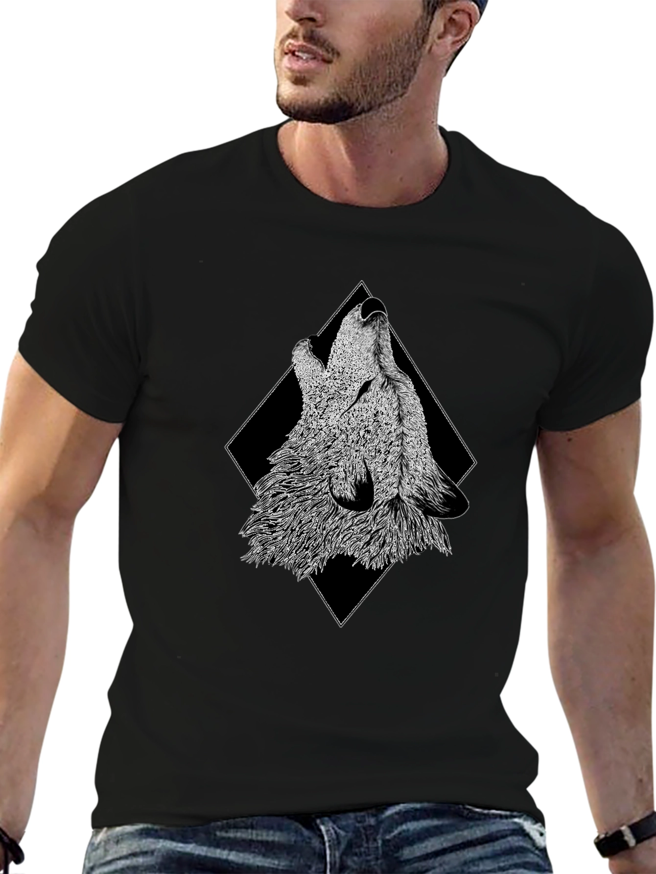 Black Howling Wolf Graphic Print Black T-Shirt view 6