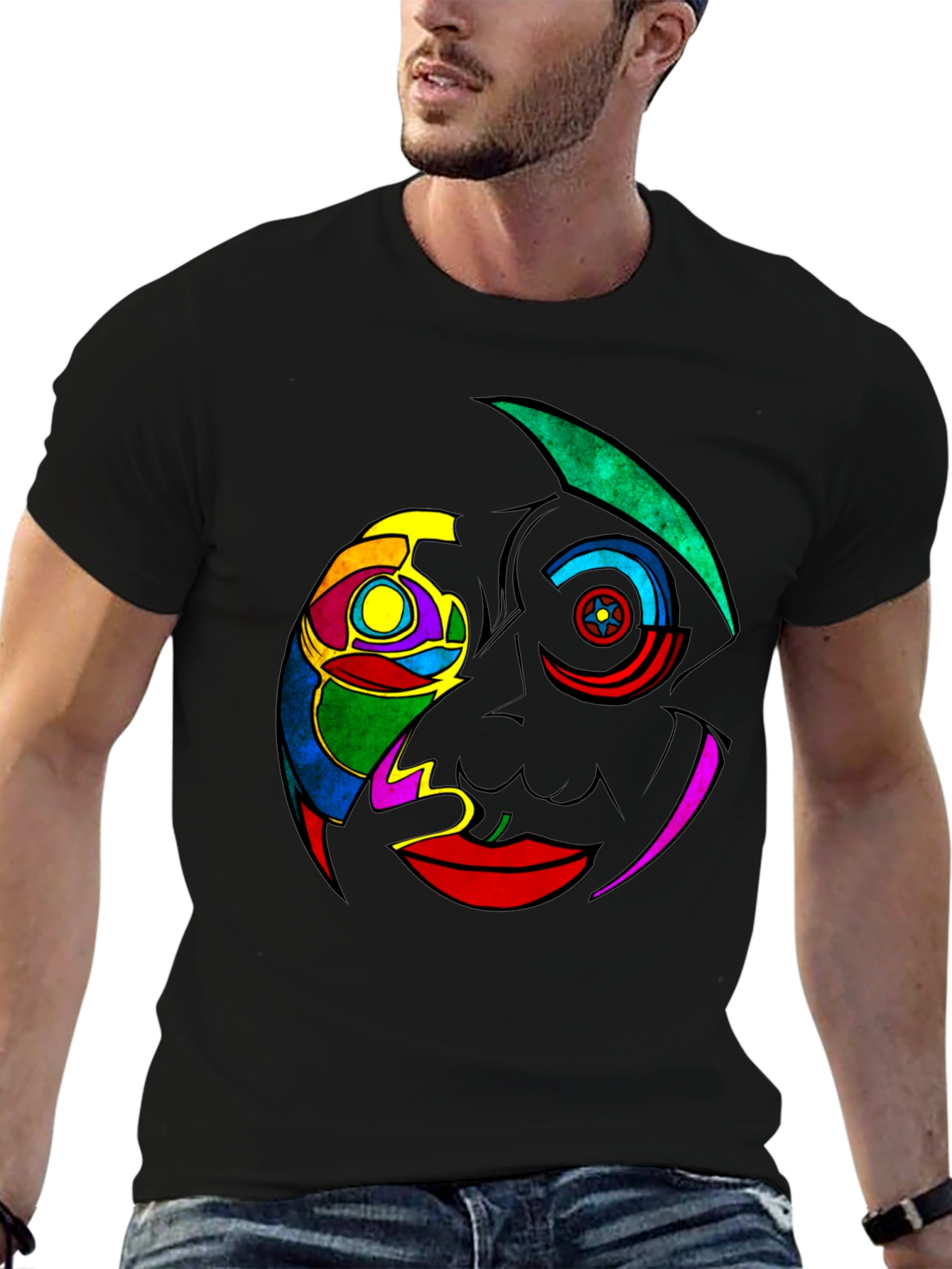 Black Abstract Colorful Face Graphic Black T-Shirt view 6