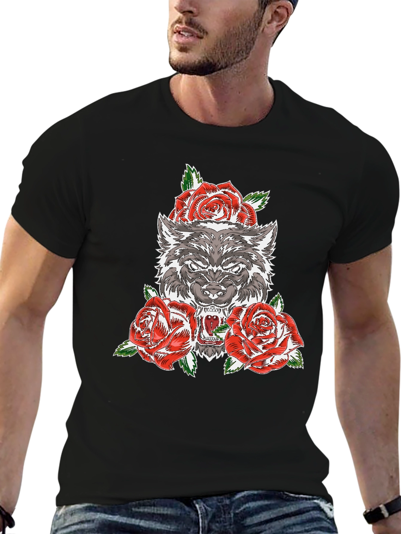Black Wolf and Roses Graphic T-Shirt - Black view 6