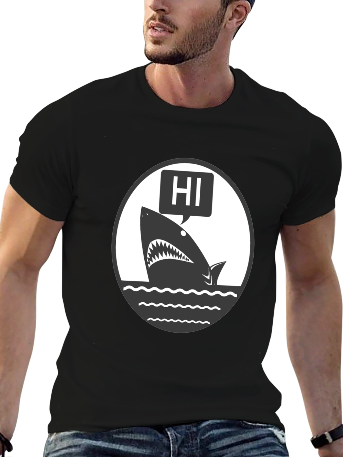 Black Hi Shark Graphic Tee - Black Cotton T-Shirt view 6