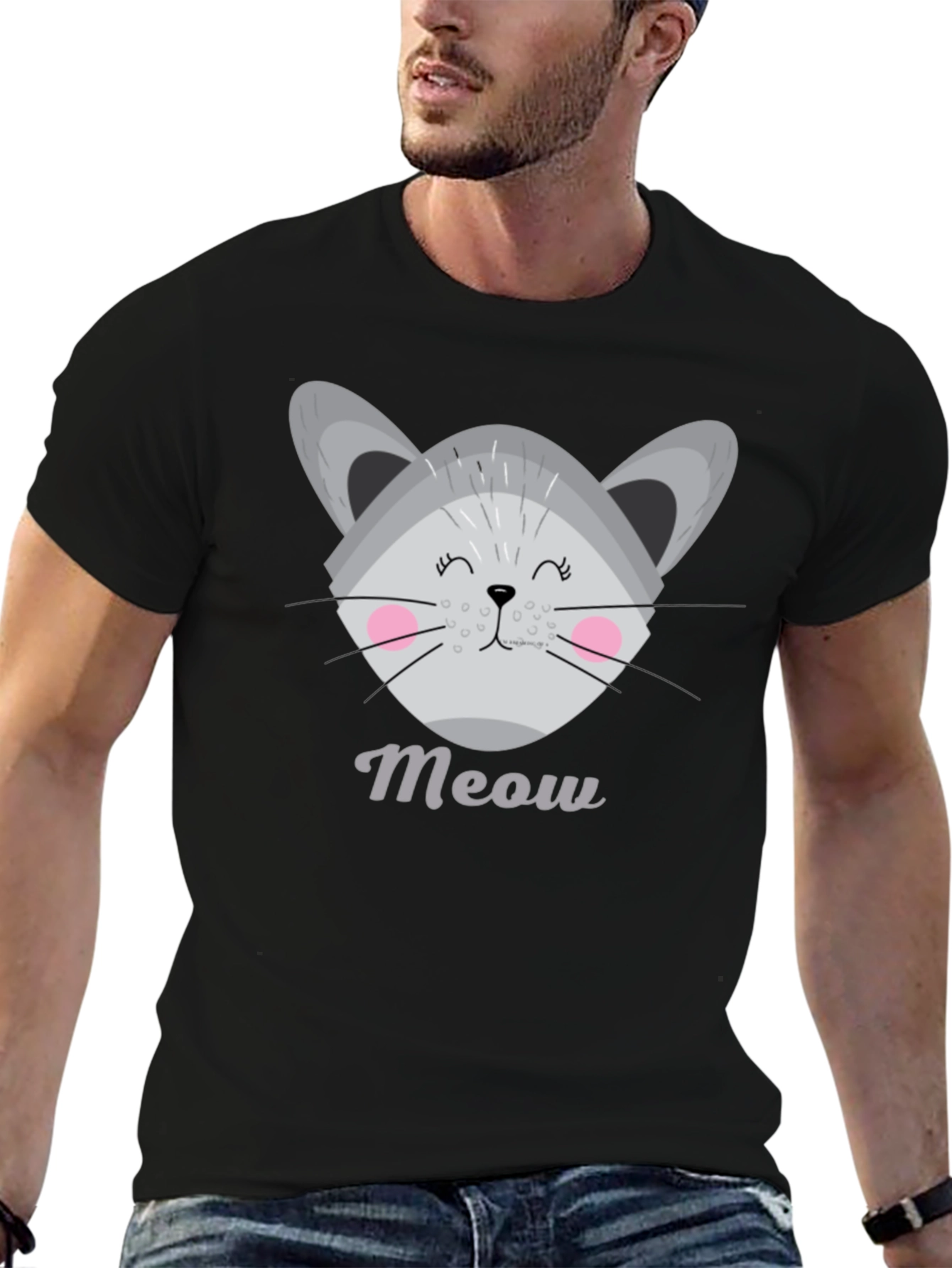 Black Cute Meow Cat Graphic T-Shirt view 6