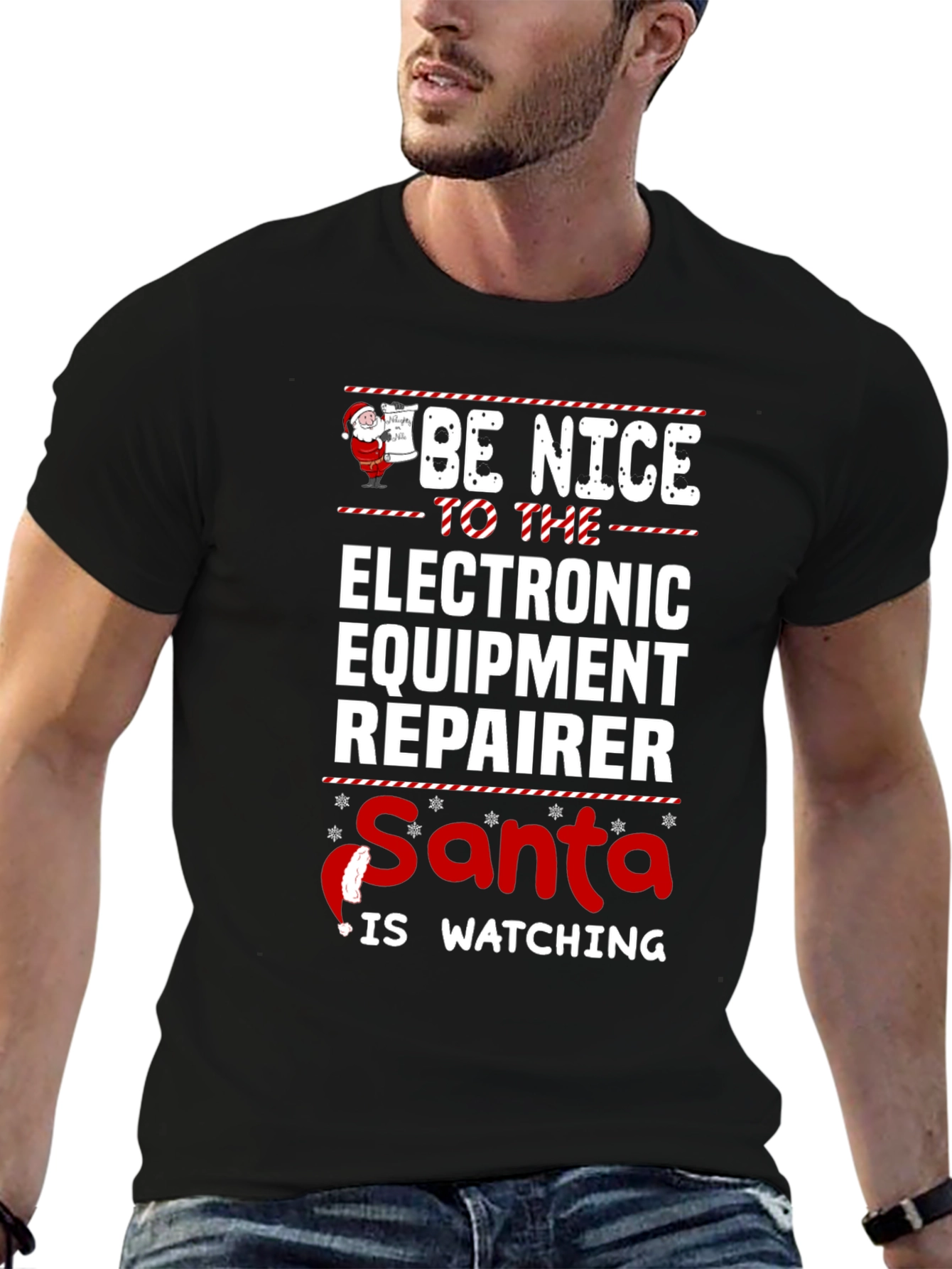 Black Be Nice to Electronic Equipment Repairer Santa Watching T-Shirt view 6