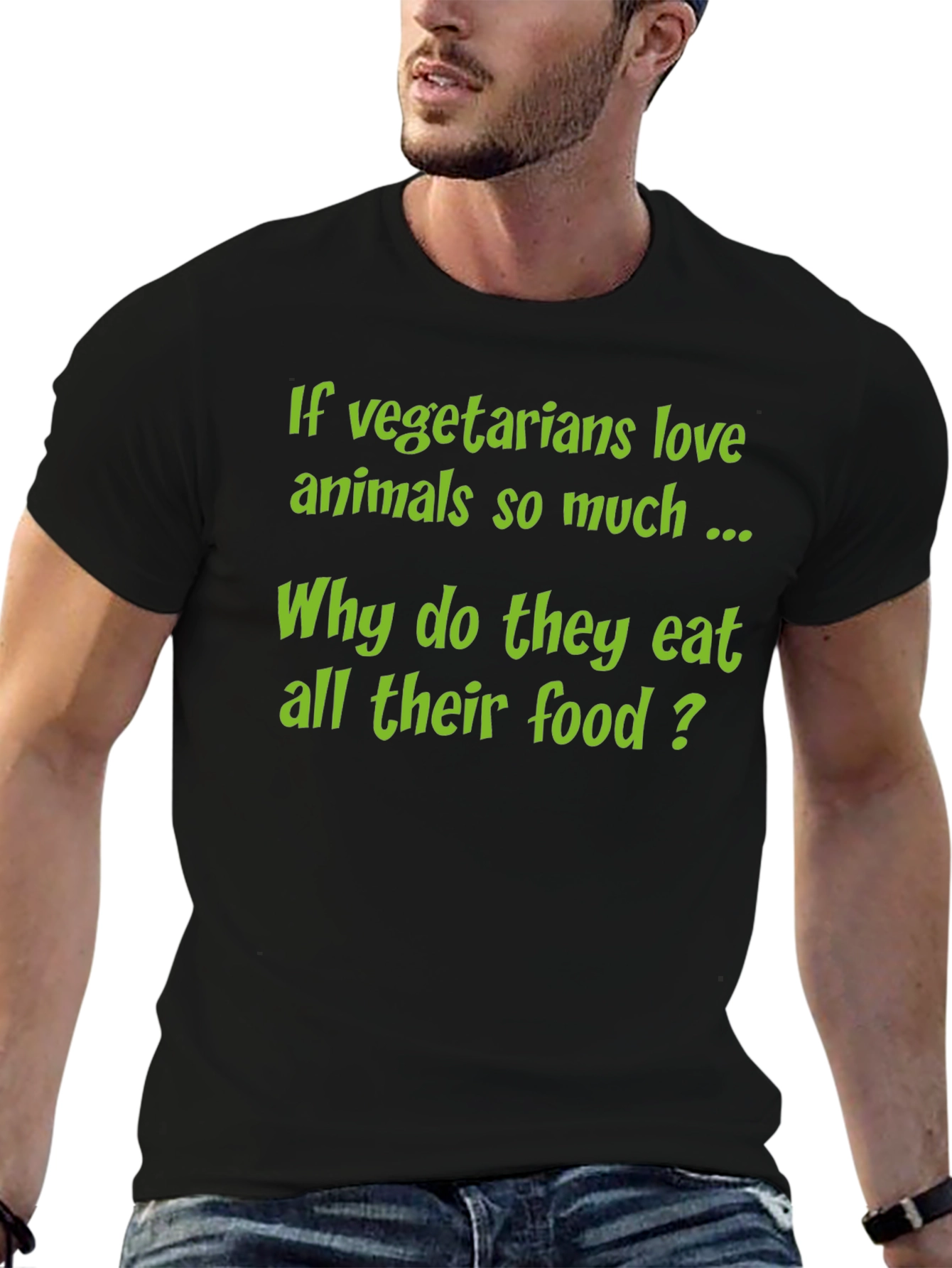 Black Funny Vegetarian T-Shirt - 'Why Eat All Their Food?' view 6