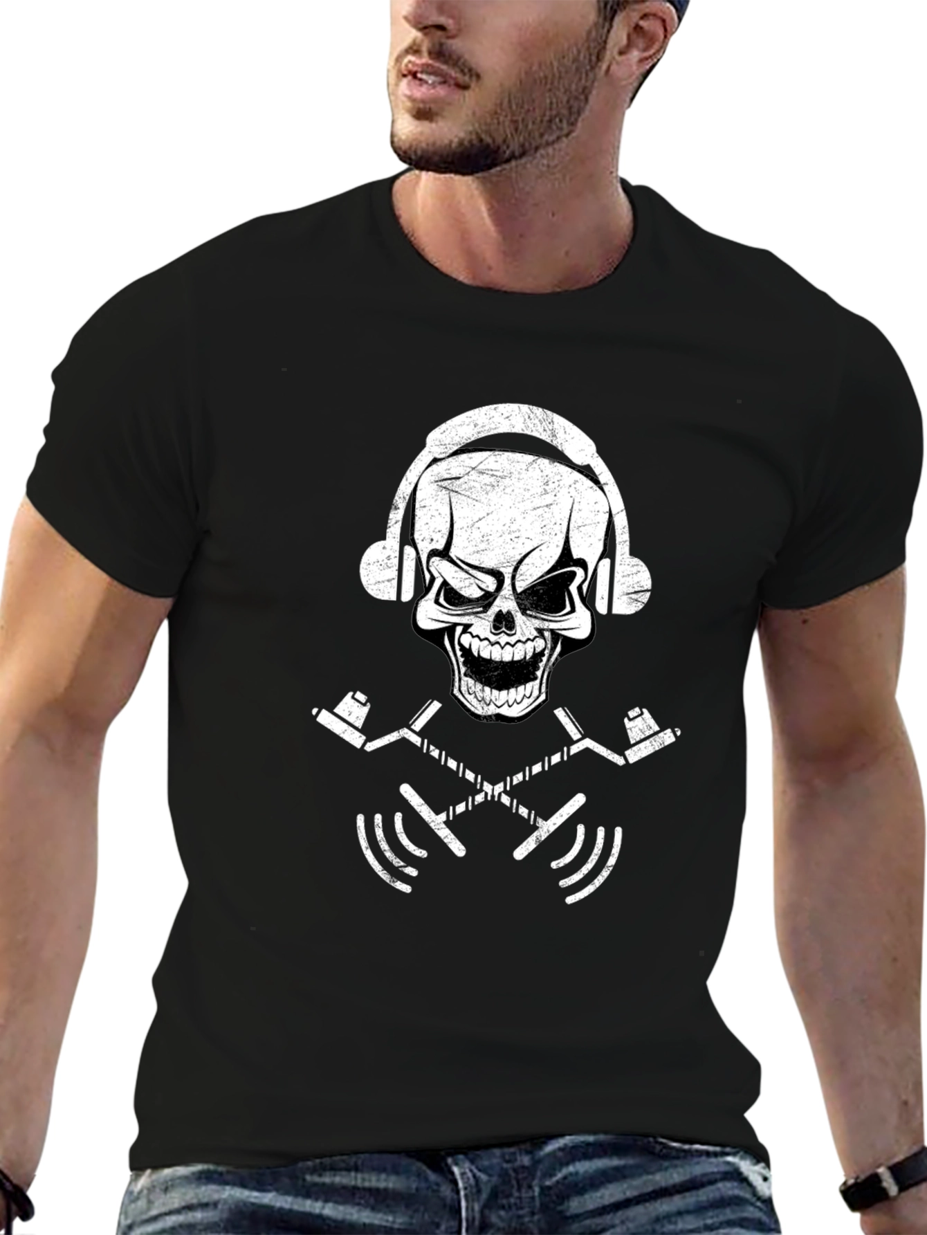 Black Skull Headphone Graphic T-Shirt - Black view 6