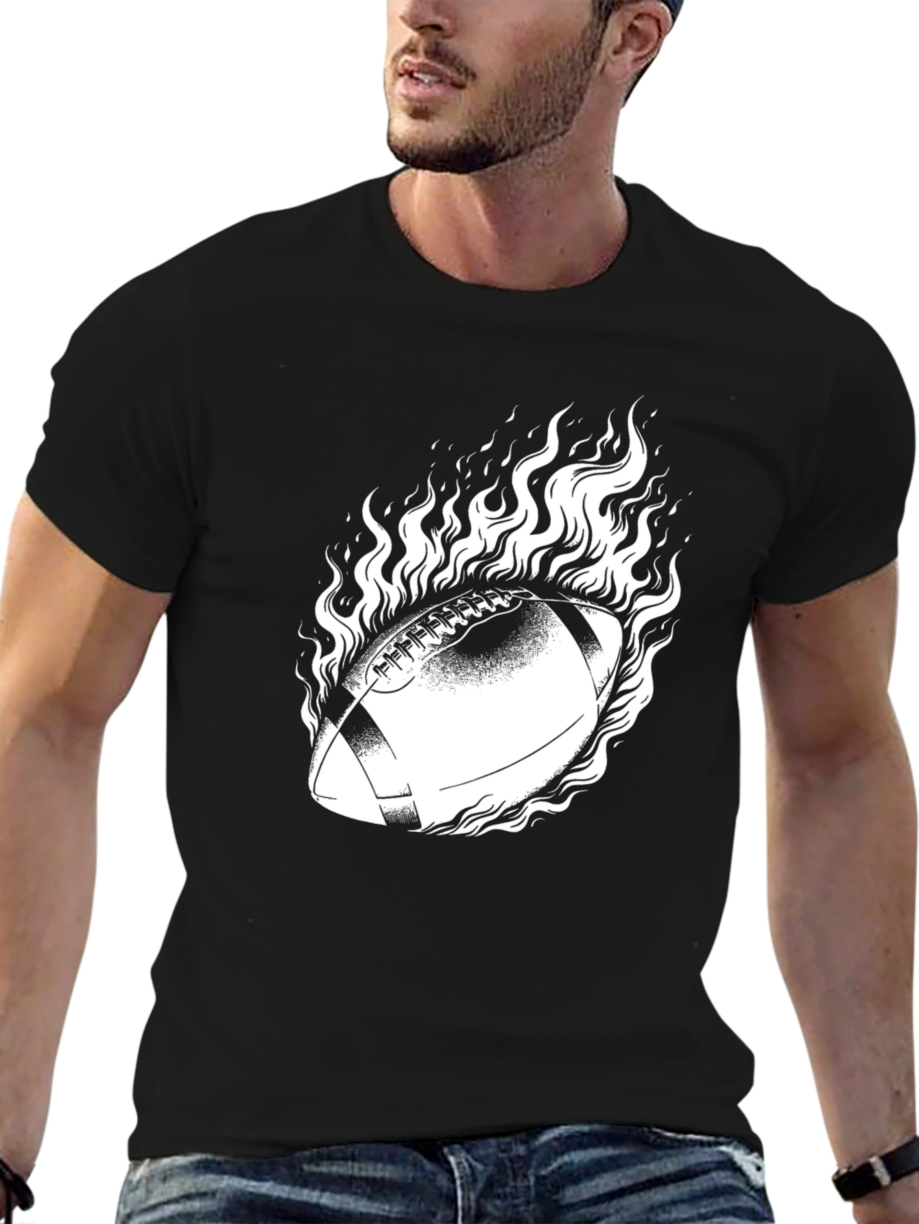 Black Flaming Football Graphic Tee - Black Cotton view 6