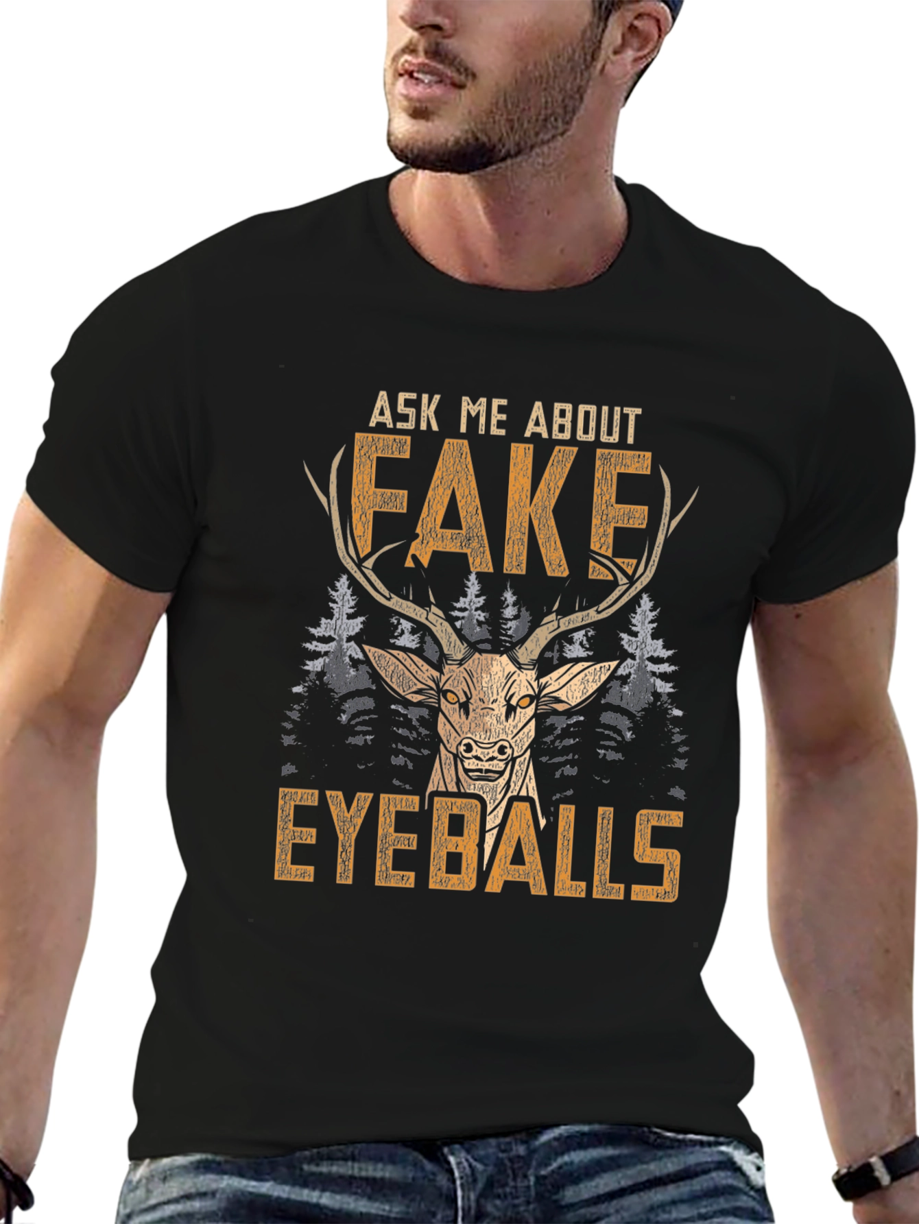 Black Funny "Fake Eyeballs" Deer Graphic T-Shirt view 6