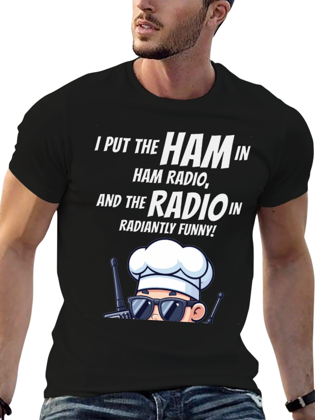 Black Ham Radio Humor T-Shirt: Radiantly Funny Chef Design view 6