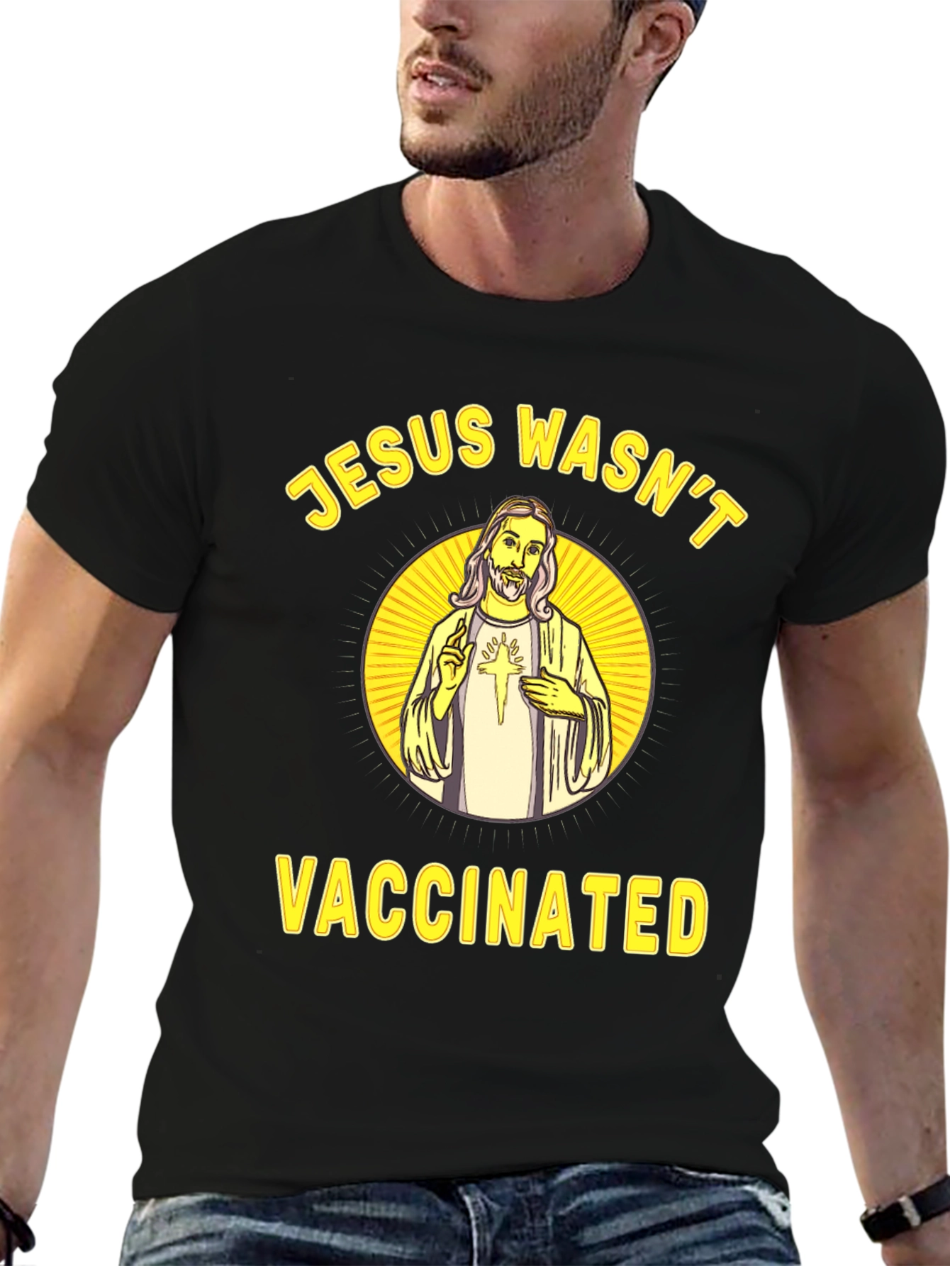 Black Jesus Wasn't Vaccinated Novelty Graphic Tee view 6