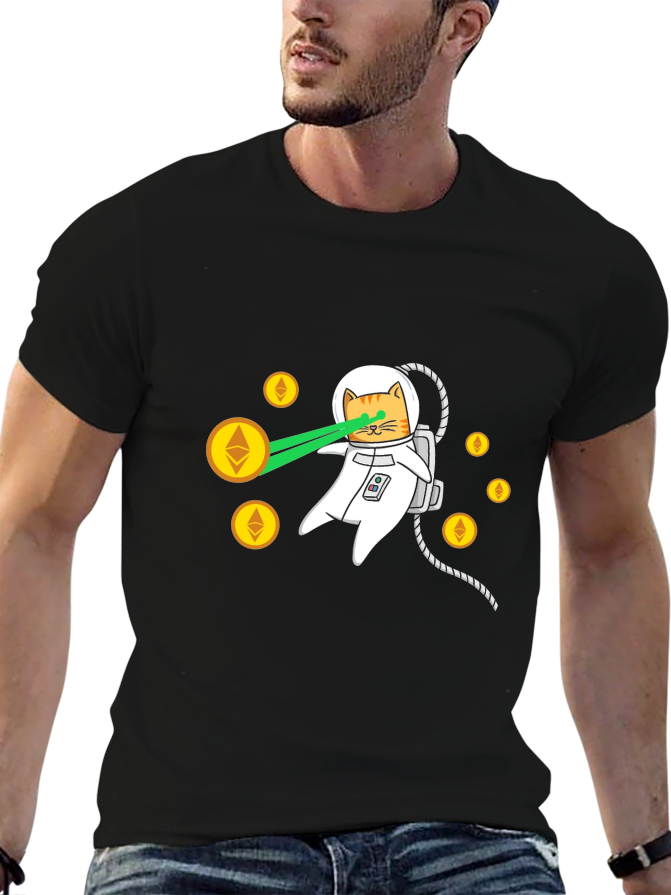Black Astronaut Cat Laser Eyes Ethereum Crypto Black T-Shirt view 6