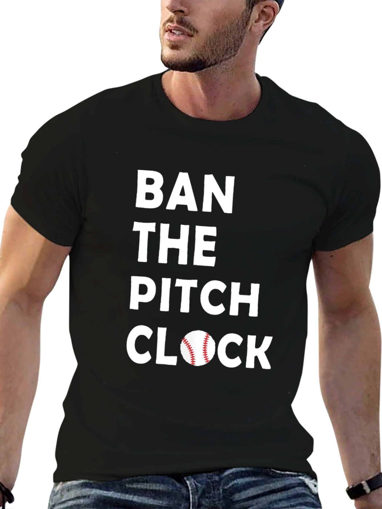 Black Ban the Pitch Clock Baseball T-Shirt view 6