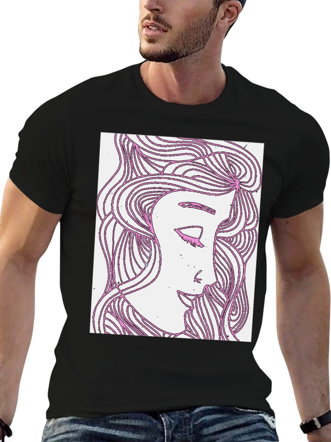Black Abstract Woman Graphic Tee - Black Cotton T-Shirt view 6