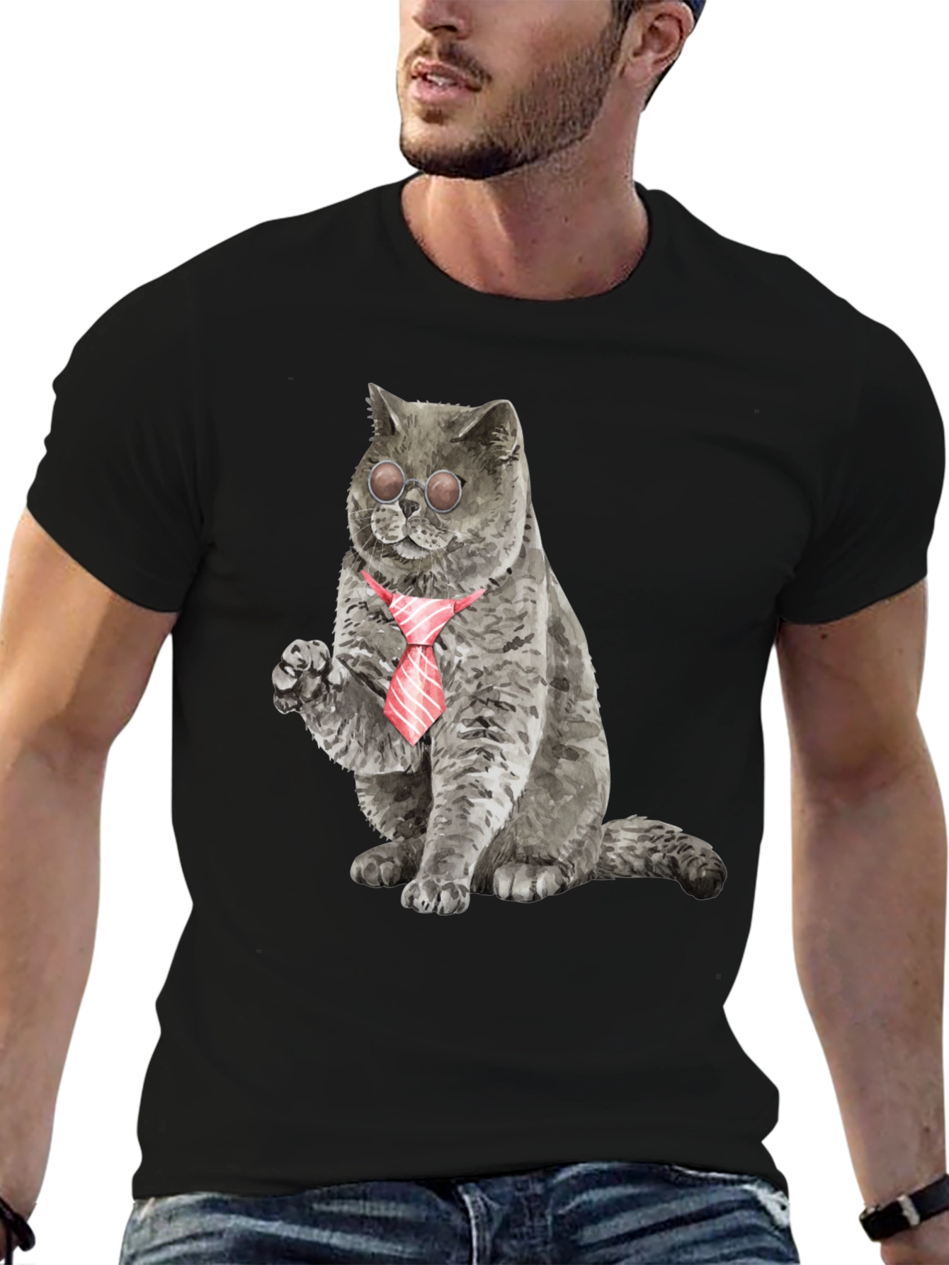 Black Cool Cat Tee - Cat with Tie & Shades view 6