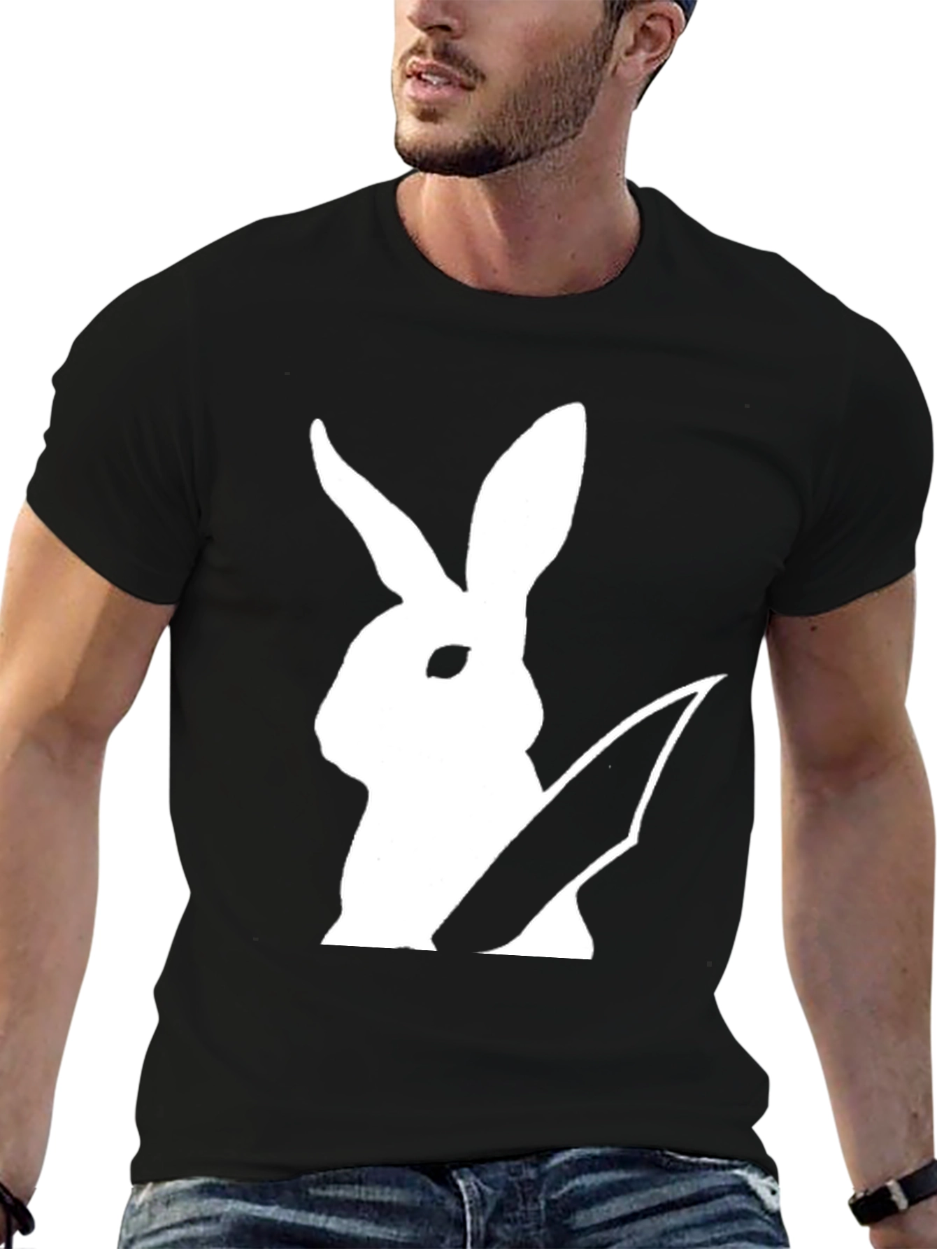 Black Rabbit With Knife Graphic Tee - Black Cotton T-Shirt view 6