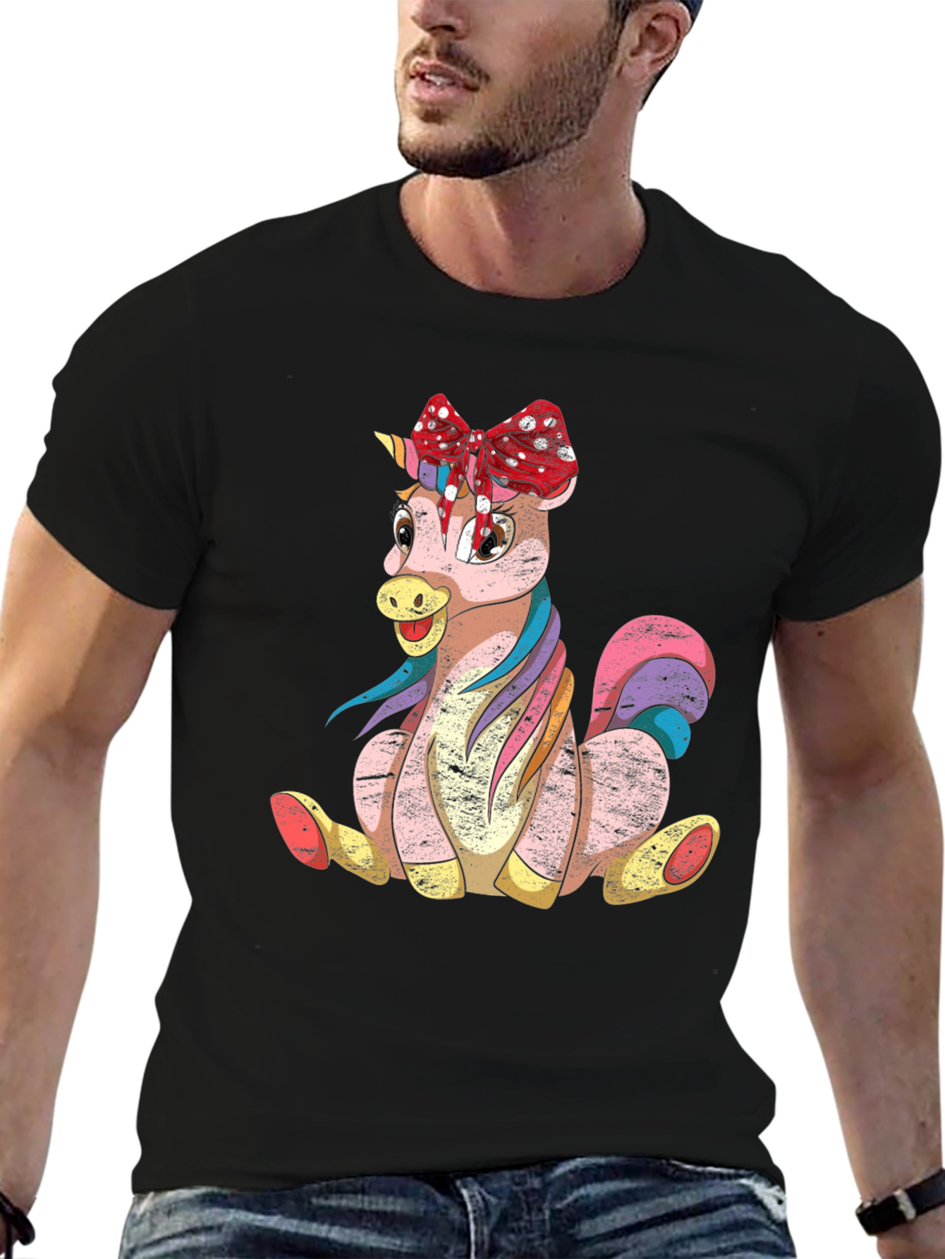 Black Cute Cartoon Unicorn T-Shirt view 6