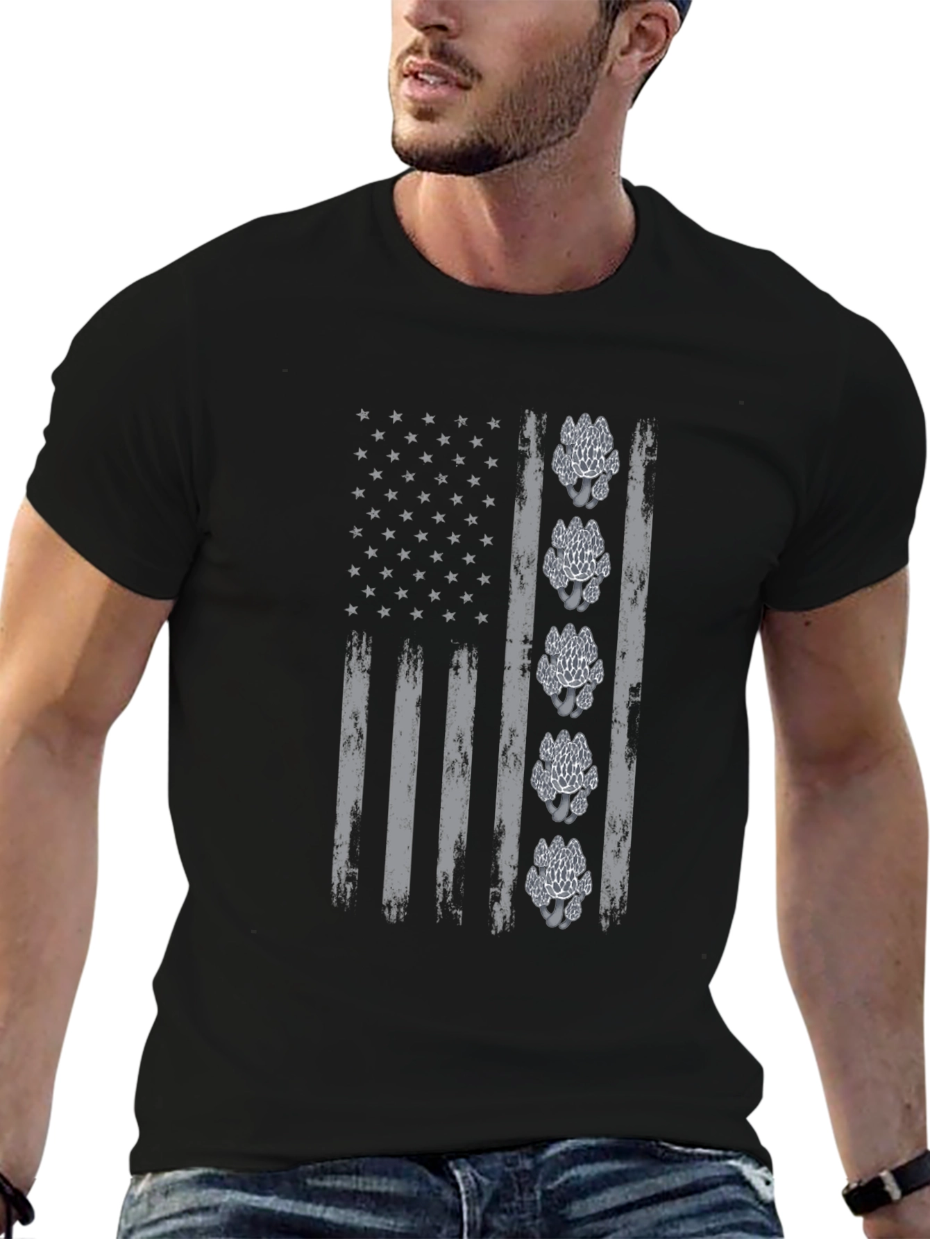 Black Distressed Flag Mushroom Graphic Tee view 6