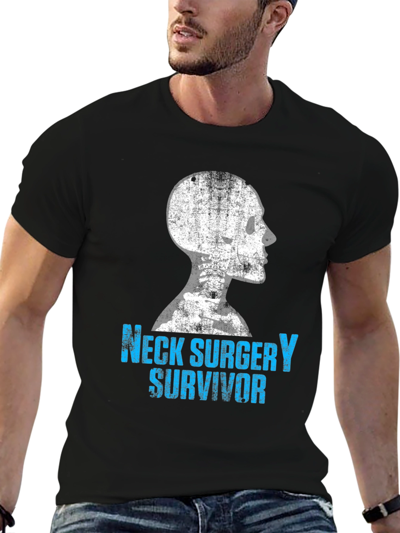 Black Neck Surgery Survivor T-Shirt - Bone Skeleton Design view 6