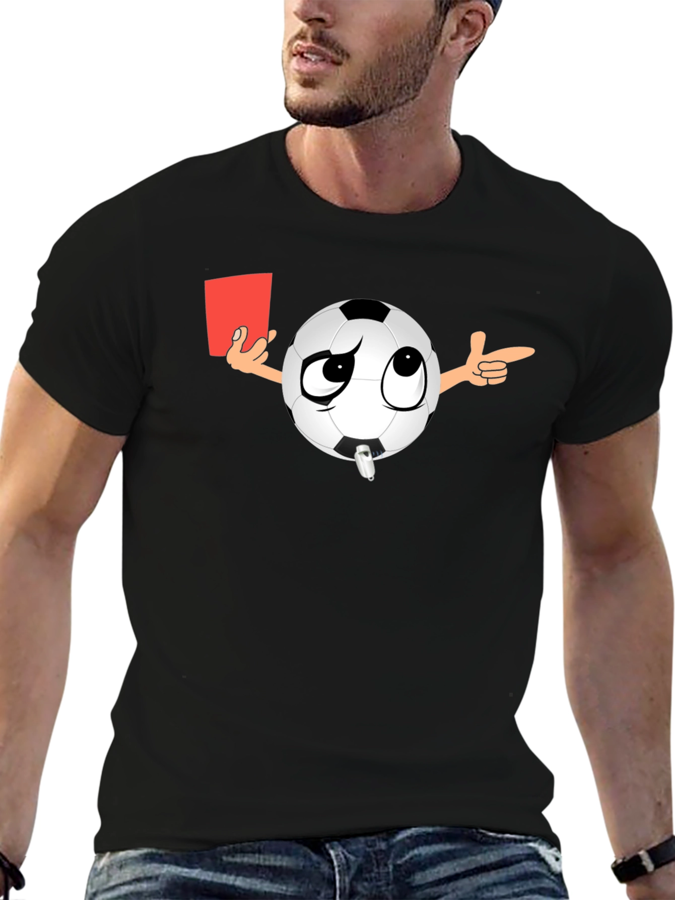 Black Soccer Referee T-Shirt - Funny Cartoon Ball with Red Card view 6