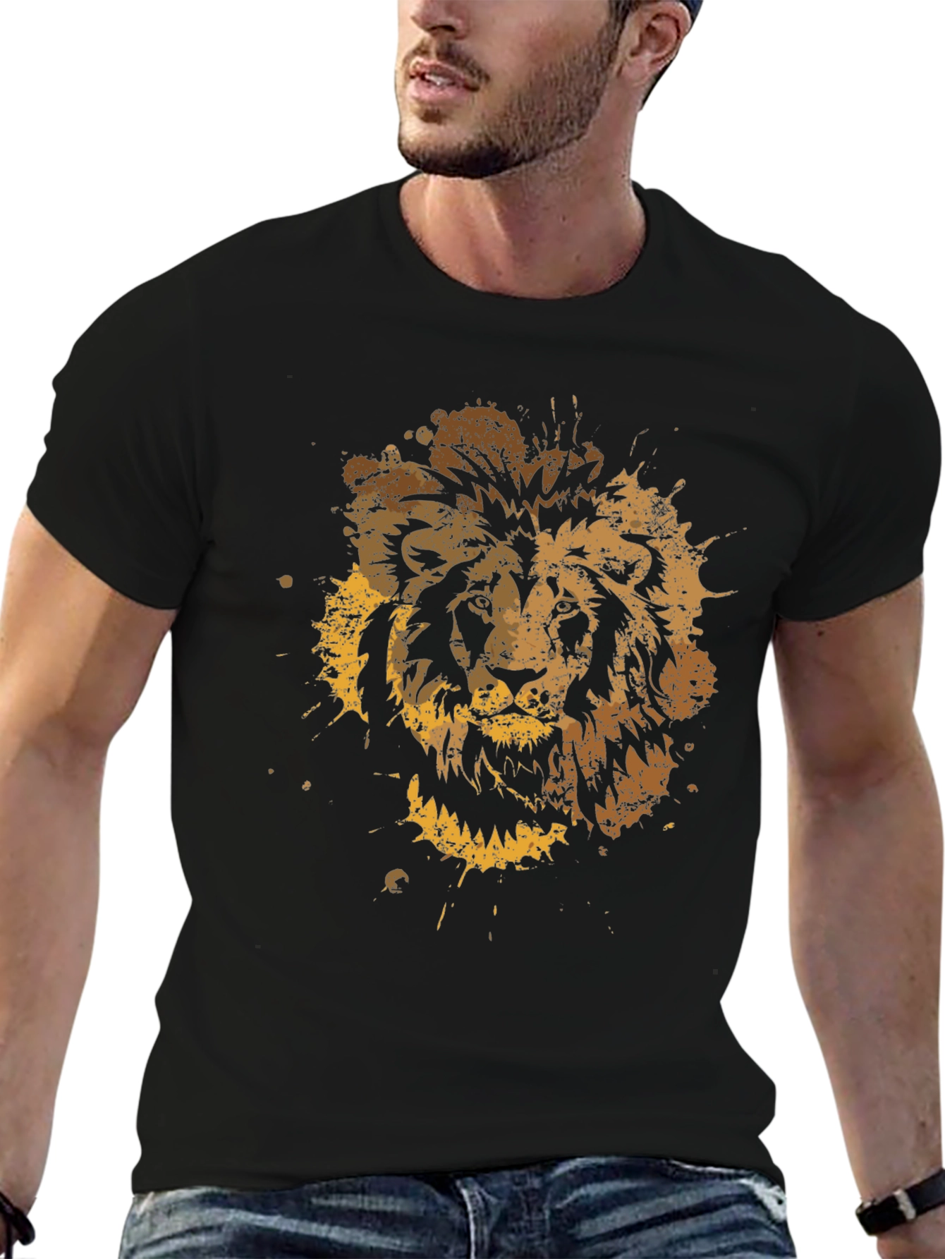 Black Lion Splatter Graphic Men's Black T-Shirt view 6